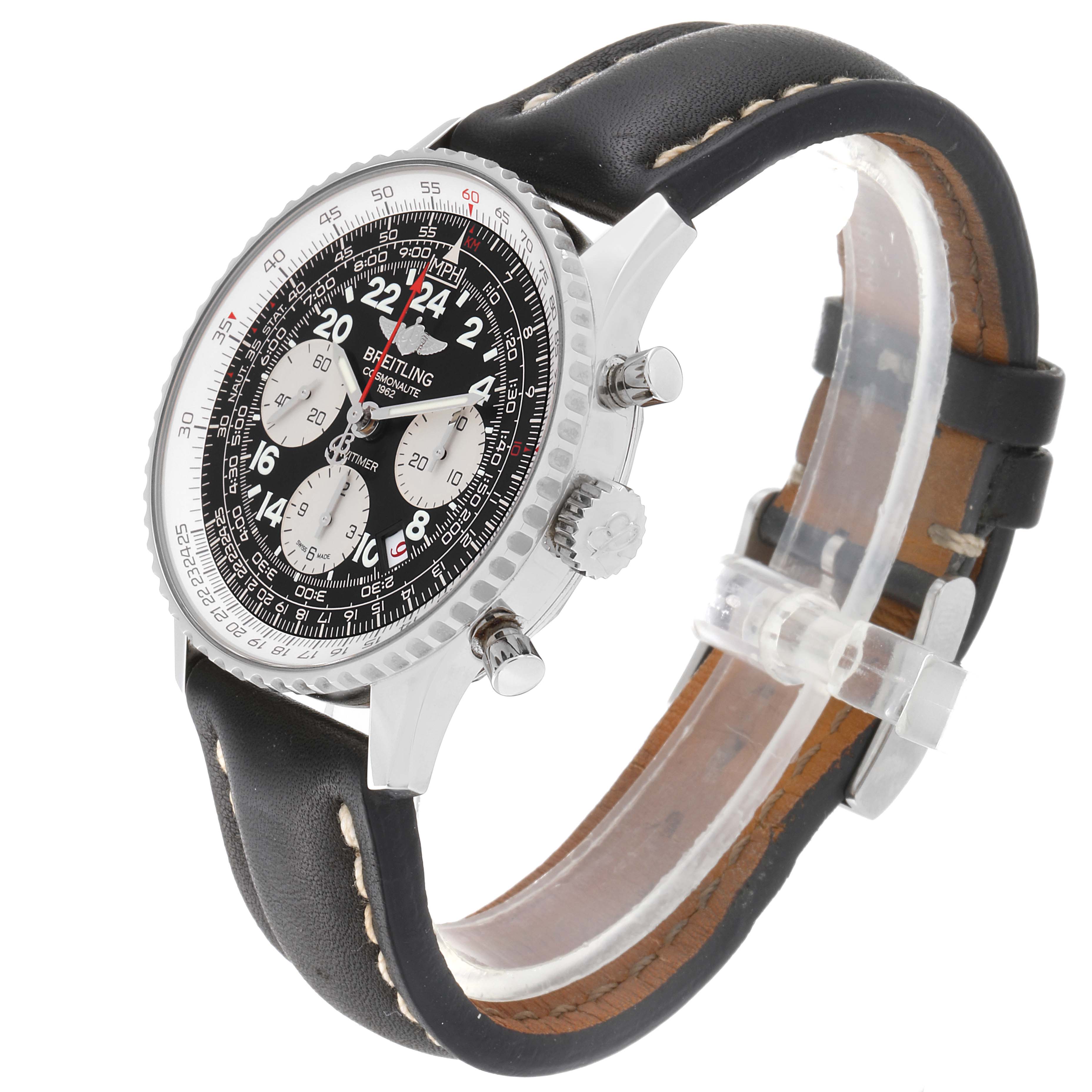 This image shows a side angle view of a Breitling Navitimer AB0210 Men
s Stainless Steel Black Dial AB0210 Men
s Stainless Steel Black Dial watch, including its black leather strap and detailed dial.