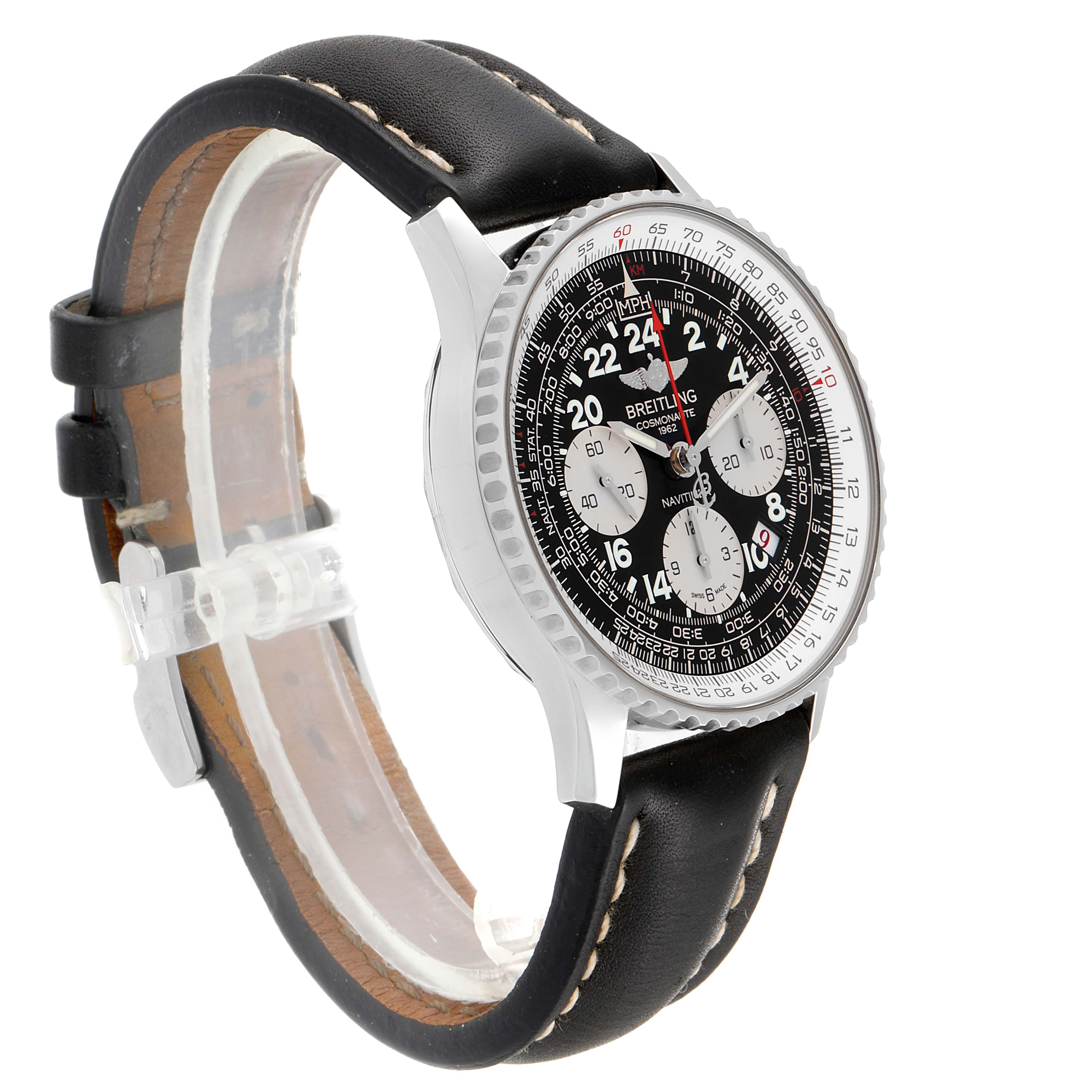 The Breitling Navitimer AB0210 Men
s Stainless Steel Black Dial AB0210 Men
s Stainless Steel Black Dial watch is shown at an oblique angle, highlighting its black dial, subdials, and black leather strap.