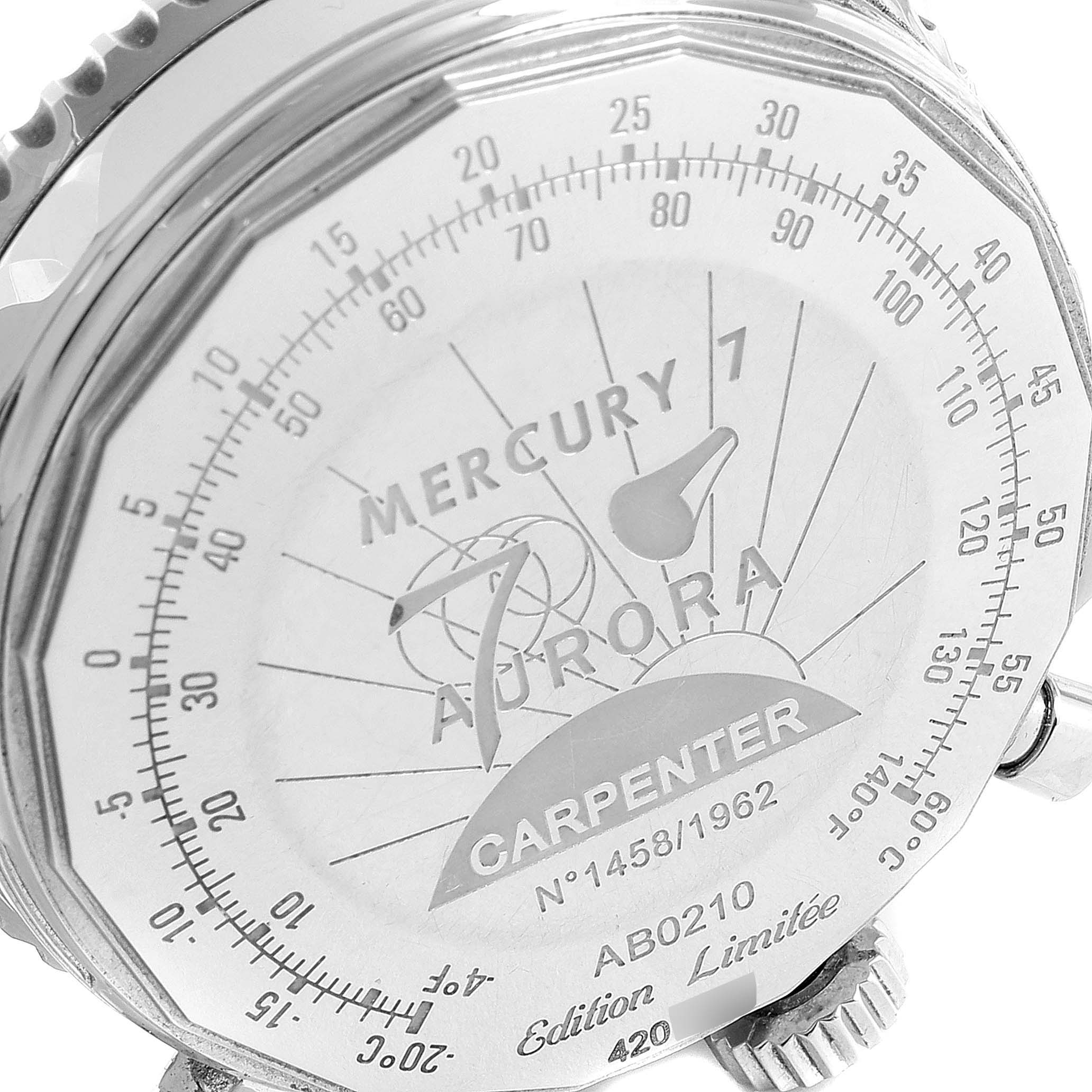 The image shows a close-up of the back of a Breitling Navitimer AB0210 Men
s Stainless Steel Black Dial AB0210 Men
s Stainless Steel Black Dial watch, highlighting engraved details and limited edition numbering.