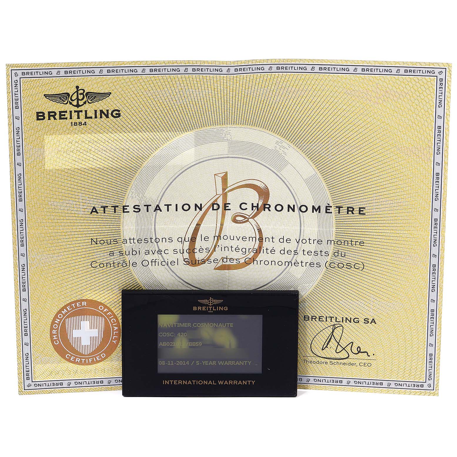 This image shows the Breitling Navitimer AB0210 Men
s Stainless Steel Black Dial AB0210 Men
s Stainless Steel Black Dial watch
s chronometer certificate and international warranty card.