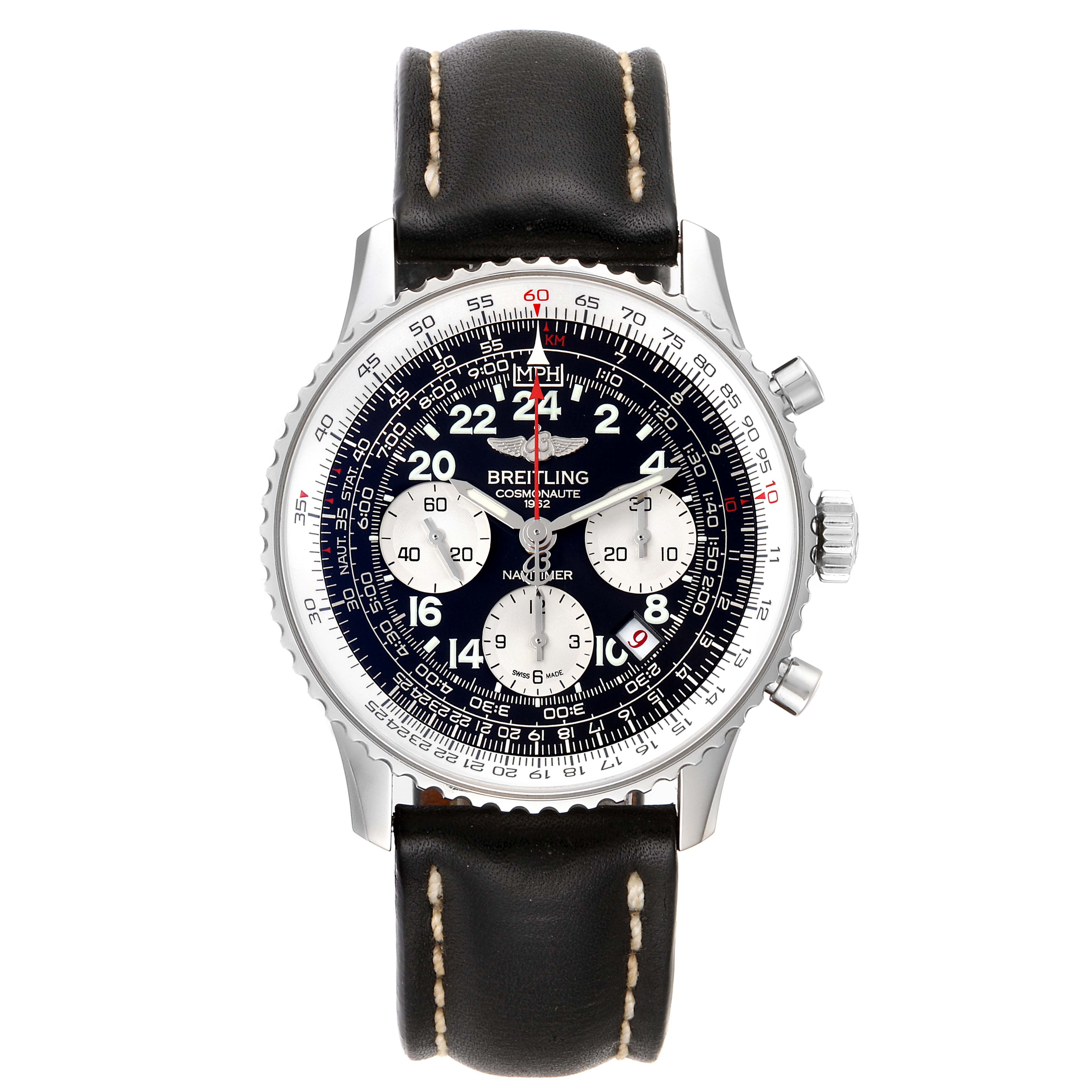 The image displays a Breitling Navitimer AB0210 Men
s Stainless Steel Black Dial AB0210 Men
s Stainless Steel Black Dial Cosmonaut watch from a front view, showcasing the face, bezel, and leather strap.