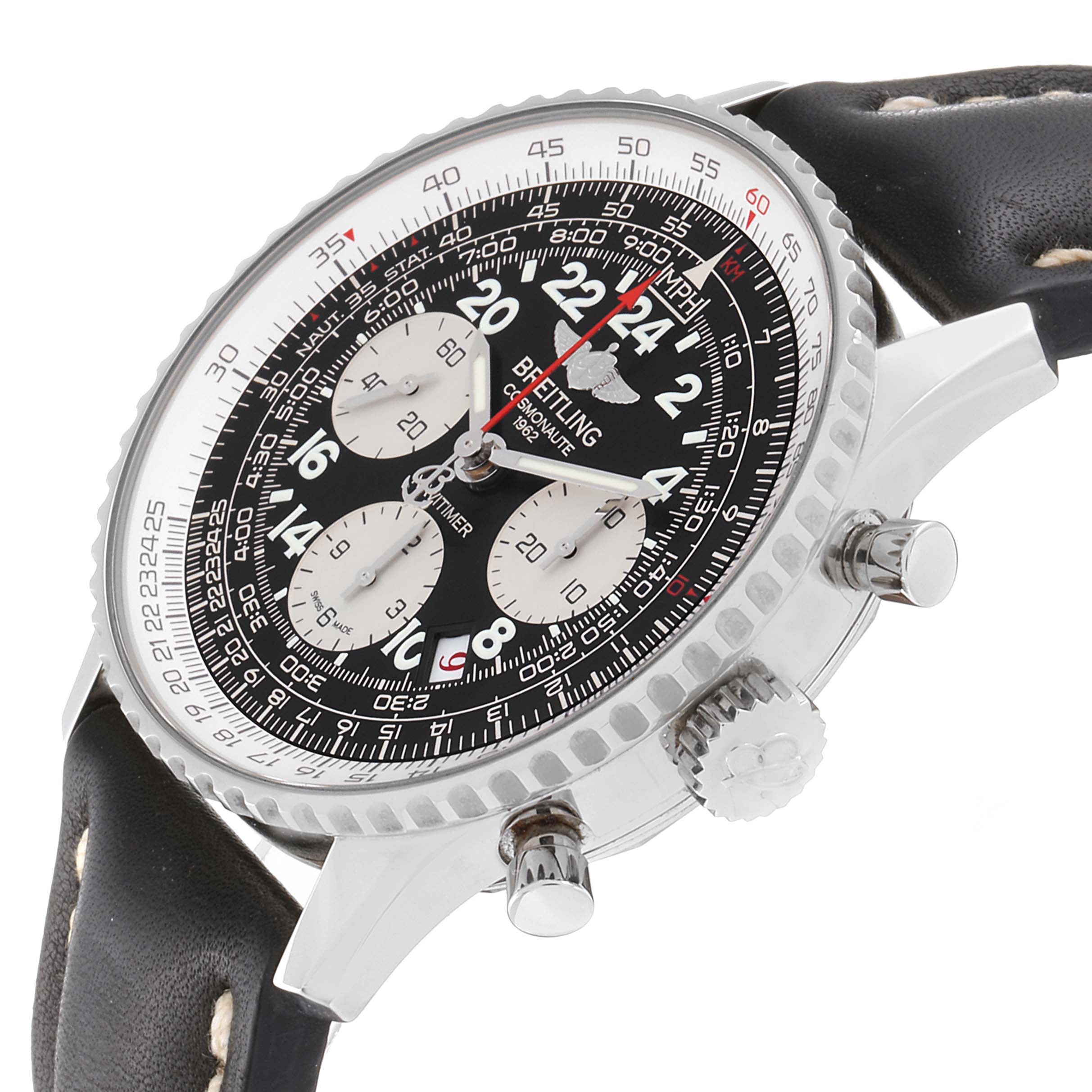 This image shows a Breitling Navitimer AB0210 Men
s Stainless Steel Black Dial AB0210 Men
s Stainless Steel Black Dial watch at a side angle, featuring its dial, bezel, crown, pushers, and leather strap.