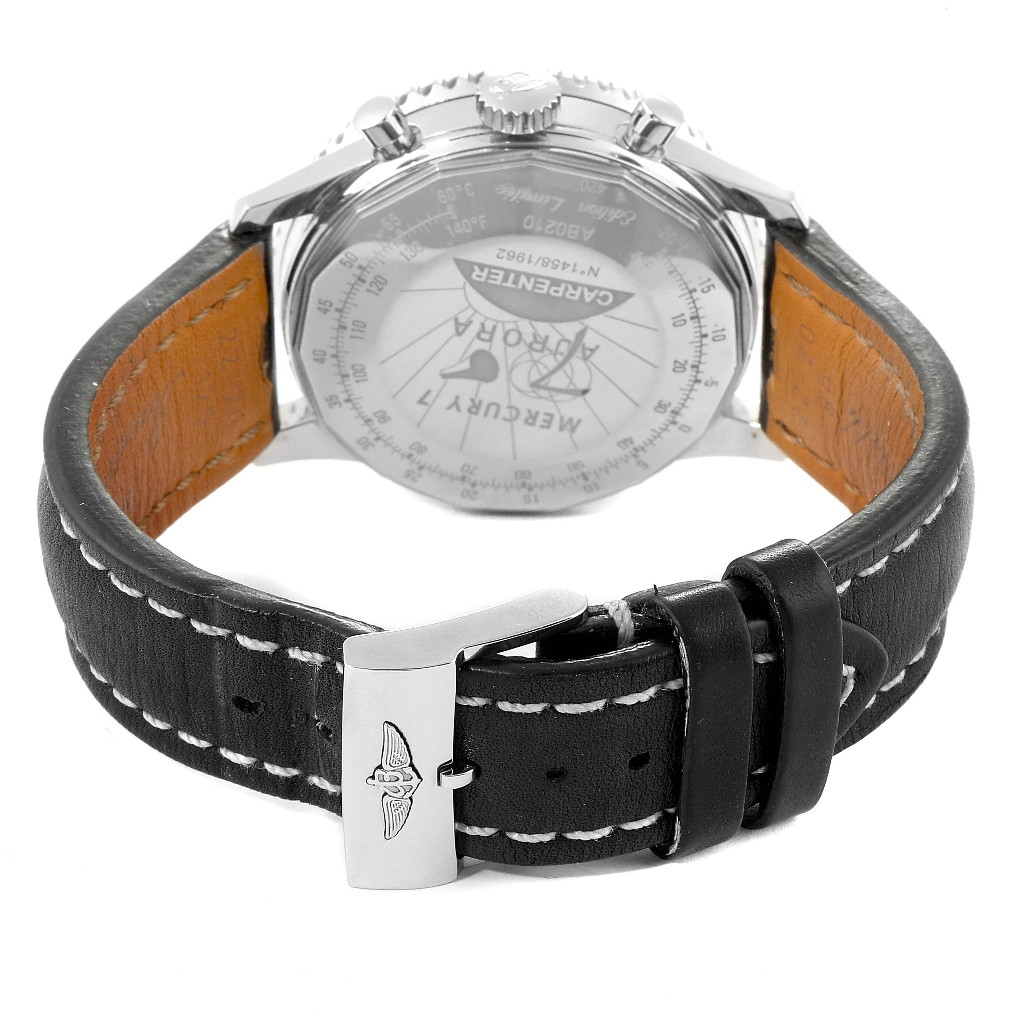 This image shows the back case and leather strap of a Breitling Navitimer AB0210 Men
s Stainless Steel Black Dial AB0210 Men
s Stainless Steel Black Dial watch from a rear angle.