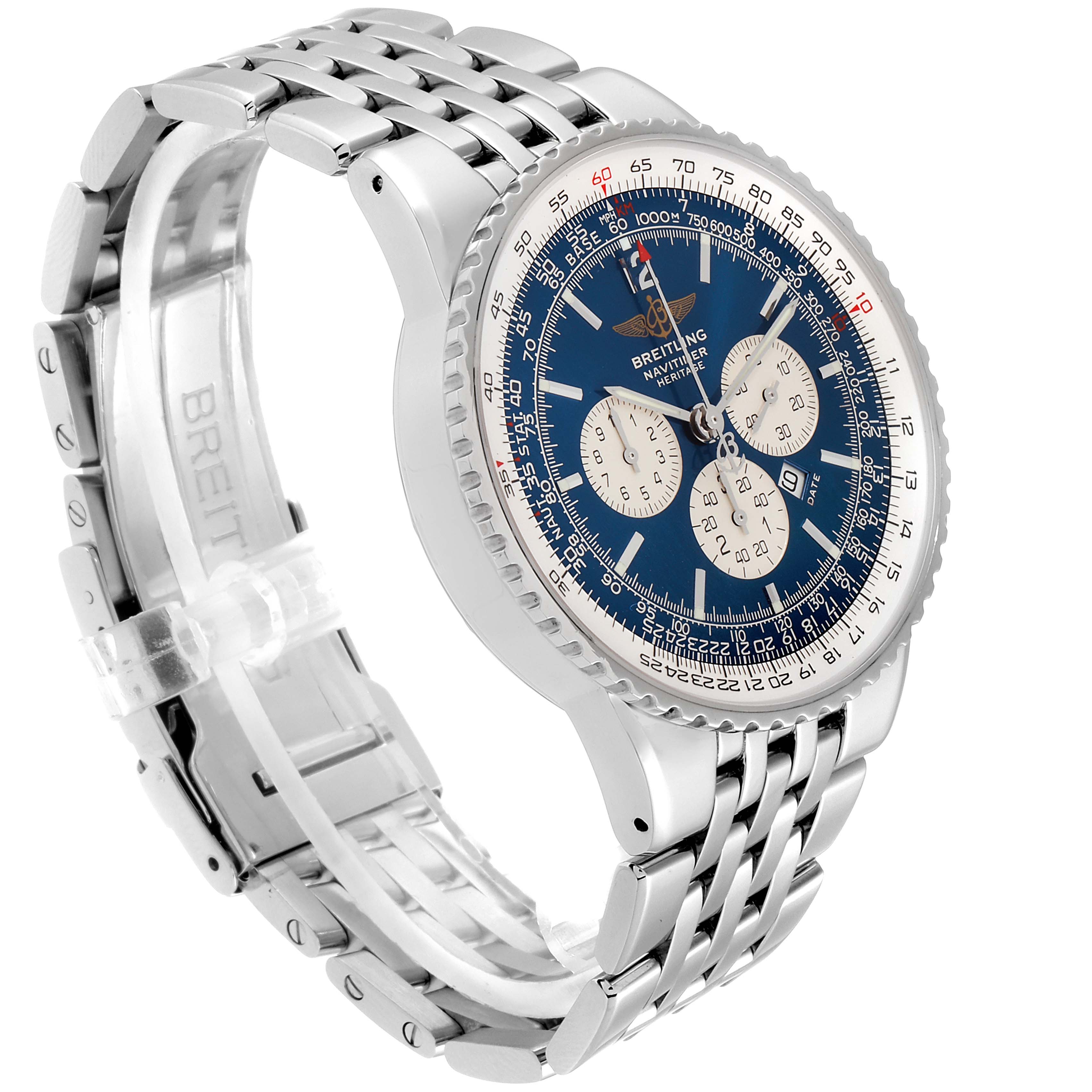 The image shows a Breitling Navitimer A35340 Men's Stainless Steel Blue Dial A35340 Men's Stainless Steel Blue Dial watch at an angled view, highlighting its blue dial, sub-dials, bezel, and metal bracelet.