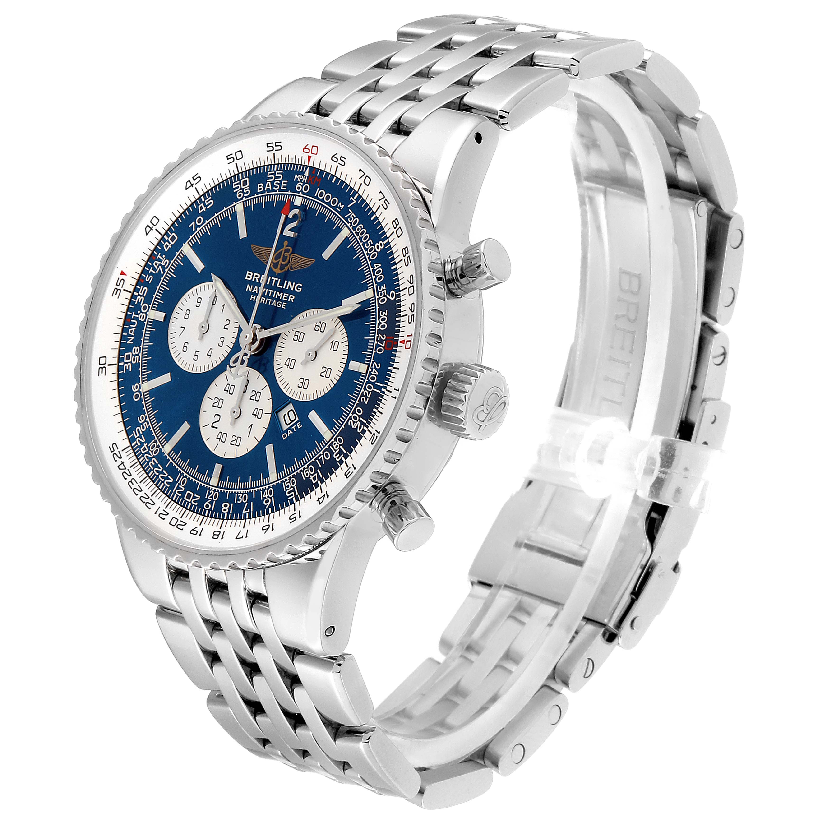 This Breitling Navitimer A35340 Men's Stainless Steel Blue Dial A35340 Men's Stainless Steel Blue Dial watch is shown at a three-quarter angle, highlighting its face, bezel, crown, pushers, and bracelet.