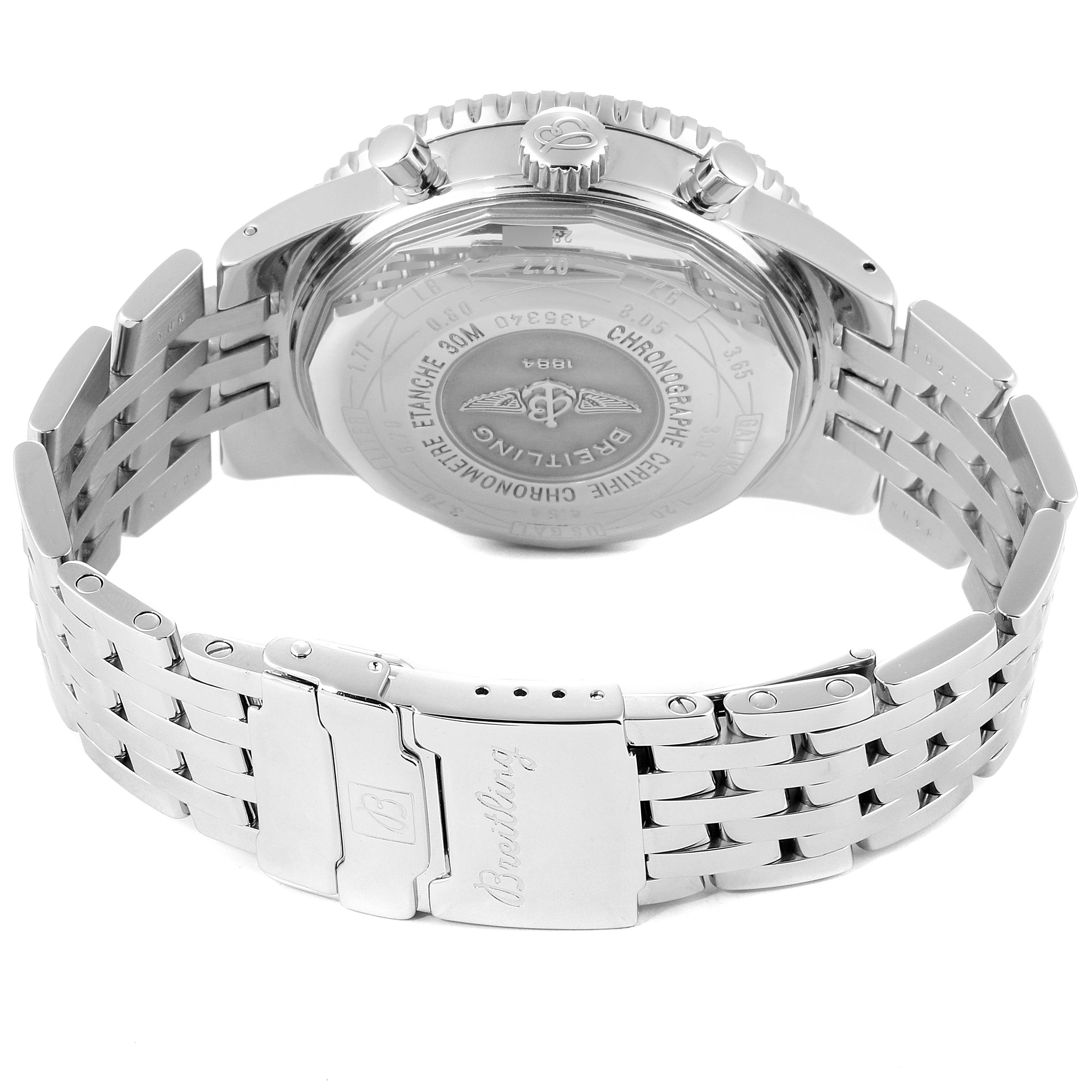 The image shows the back view of a Breitling Navitimer A35340 Men's Stainless Steel Blue Dial A35340 Men's Stainless Steel Blue Dial watch, featuring its stainless steel bracelet and clasp.