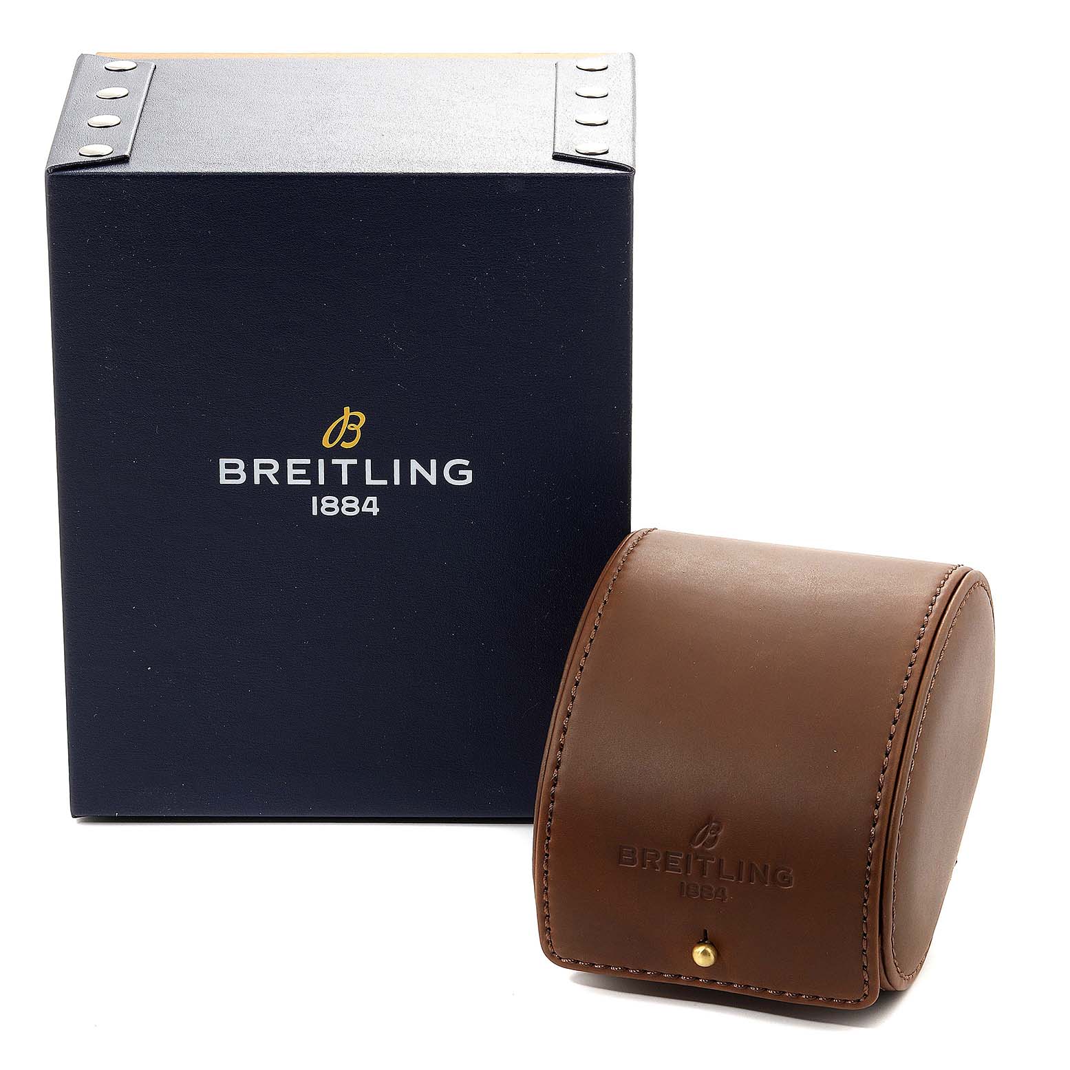 The image shows a Breitling Navitimer A35340 Men's Stainless Steel Blue Dial A35340 Men's Stainless Steel Blue Dial packaging box and leather travel case, both viewed from the front.