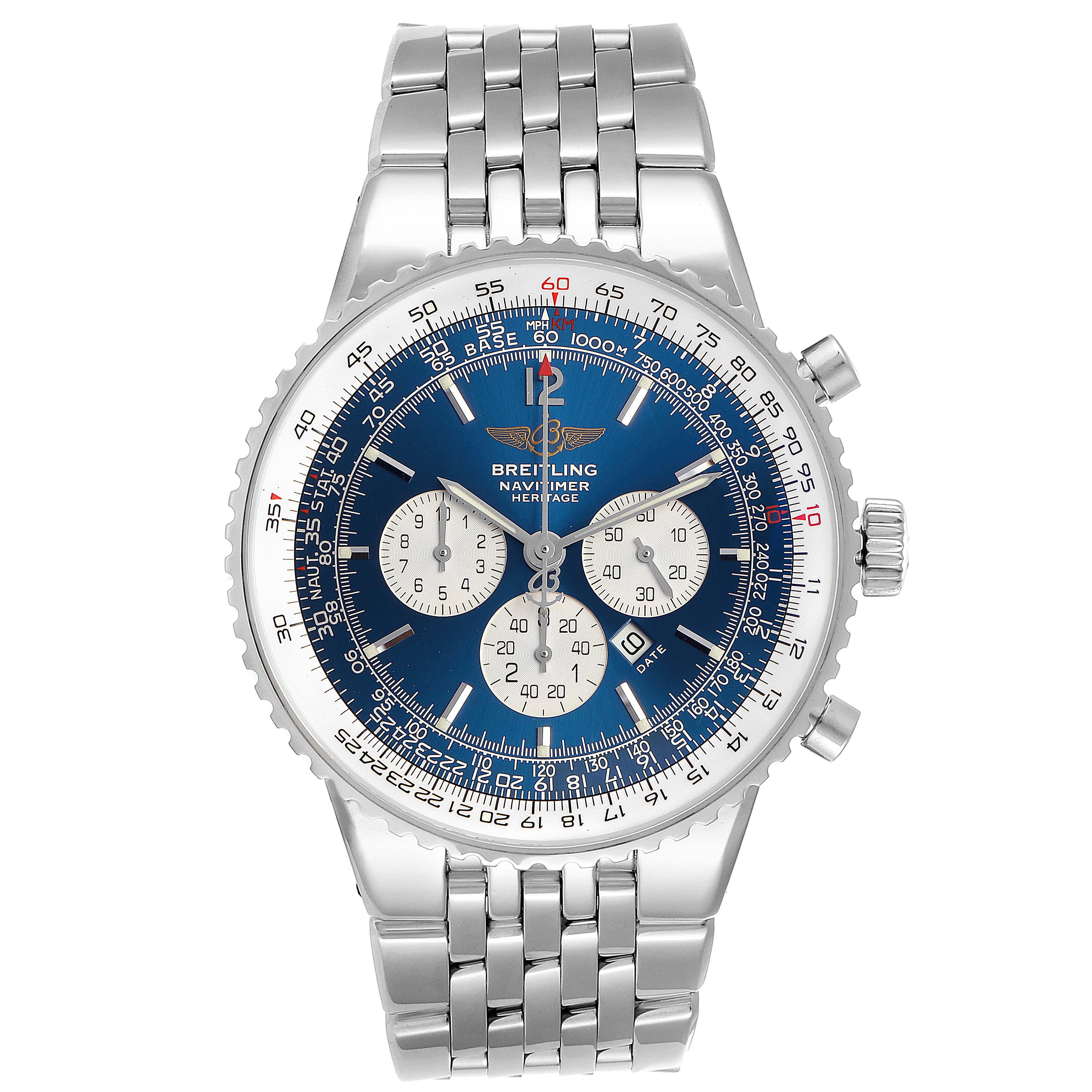 This image shows a front view of a Breitling Navitimer A35340 Men's Stainless Steel Blue Dial A35340 Men's Stainless Steel Blue Dial watch, displaying its dial, bezel, and metal bracelet.