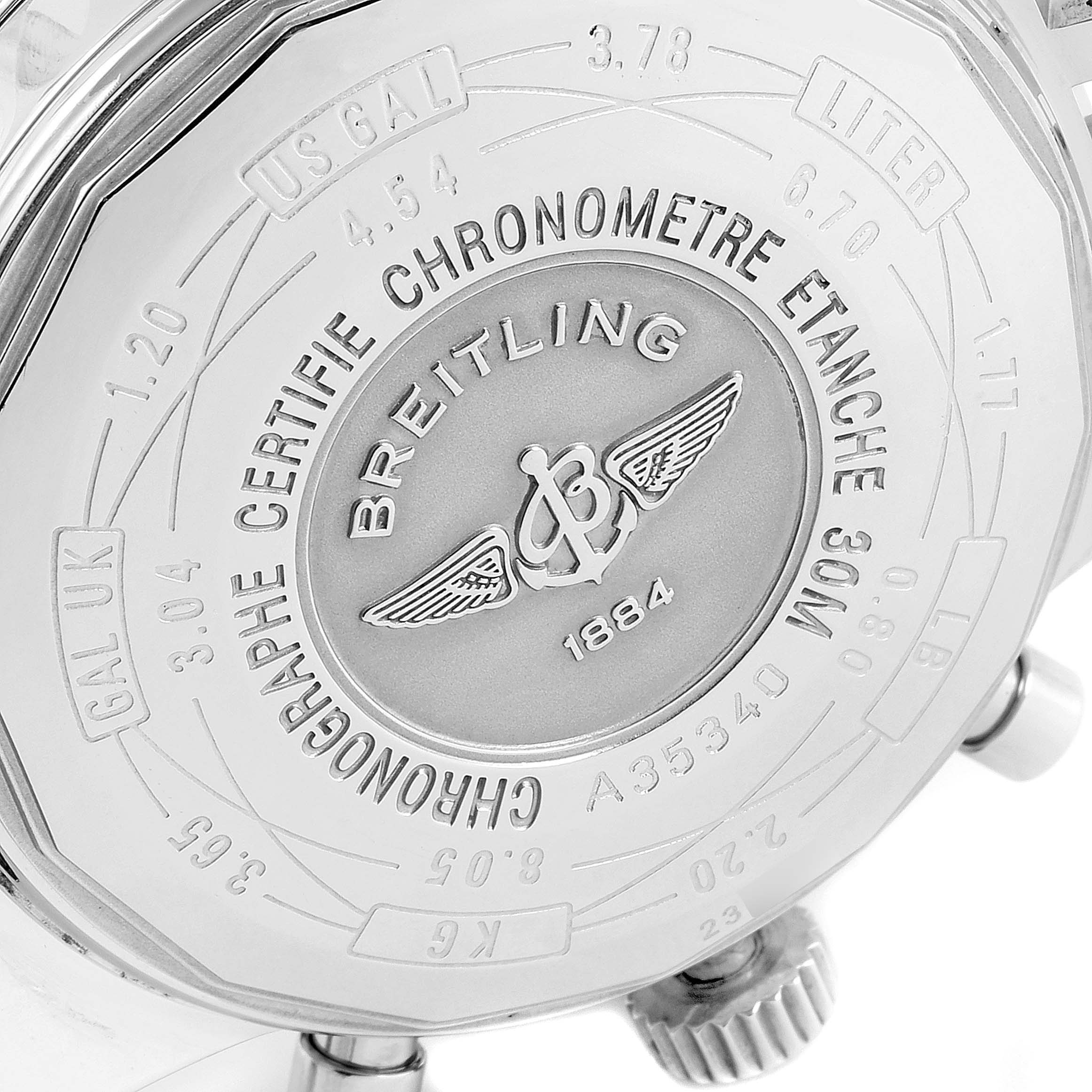 This image shows the back case of a Breitling Navitimer A35340 Men's Stainless Steel Blue Dial A35340 Men's Stainless Steel Blue Dial watch, highlighting its engravings and logo.