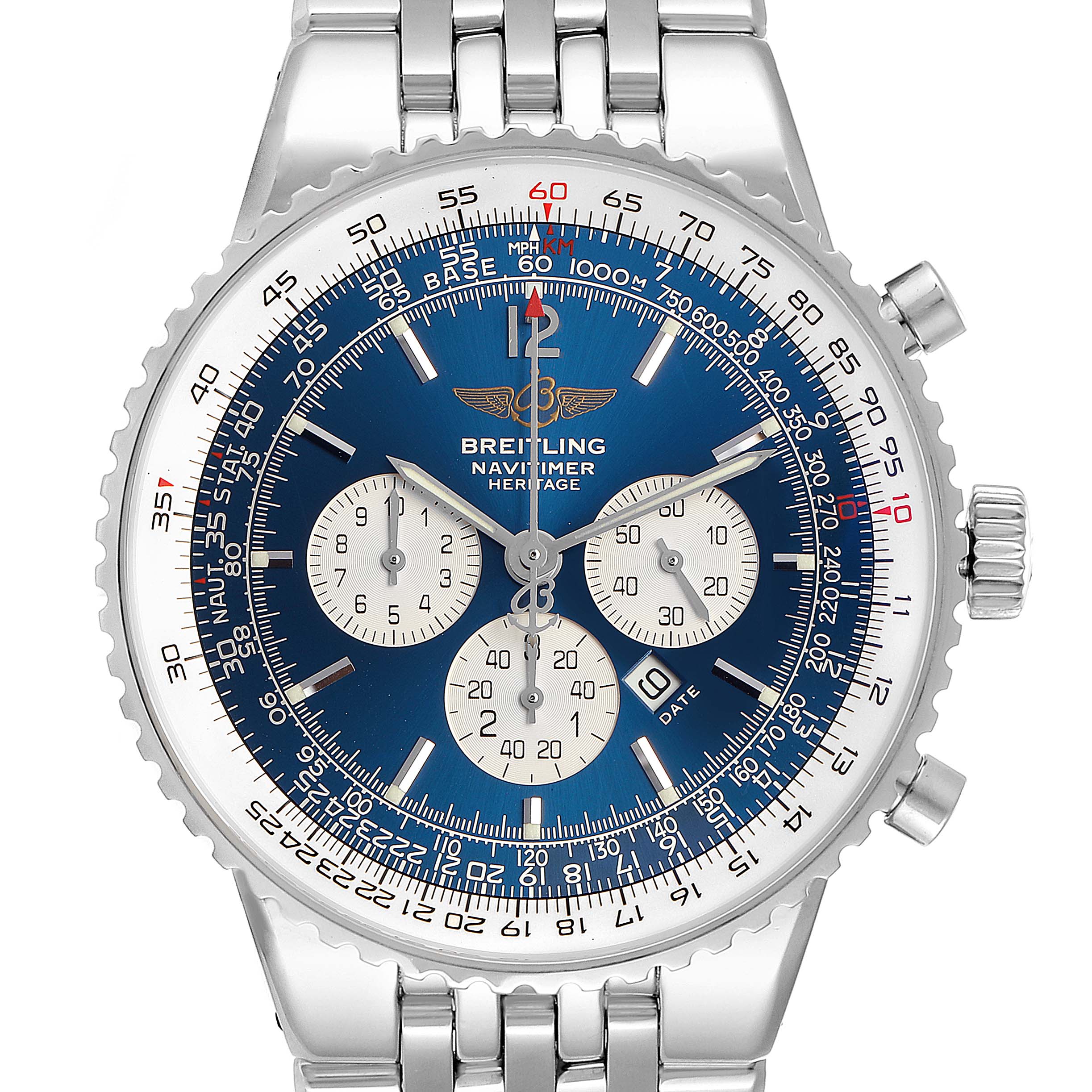 The image shows a front view of the Breitling Navitimer A35340 Men's Stainless Steel Blue Dial A35340 Men's Stainless Steel Blue Dial watch, highlighting its dial, subdials, bezel, and metal bracelet.