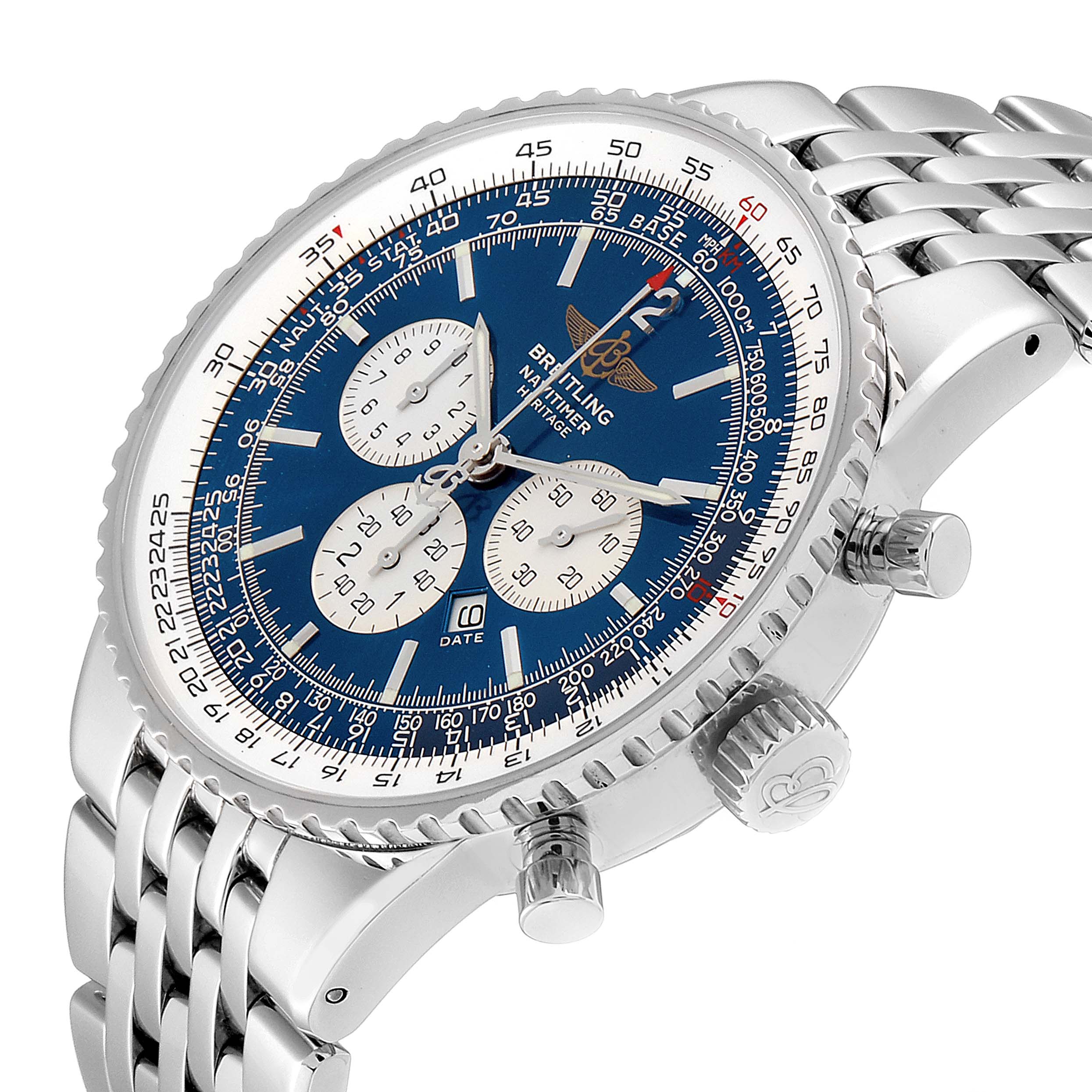 The image shows a Breitling Navitimer A35340 Men's Stainless Steel Blue Dial A35340 Men's Stainless Steel Blue Dial watch at an angled close-up, highlighting the dial, bezel, crown, and metal strap.