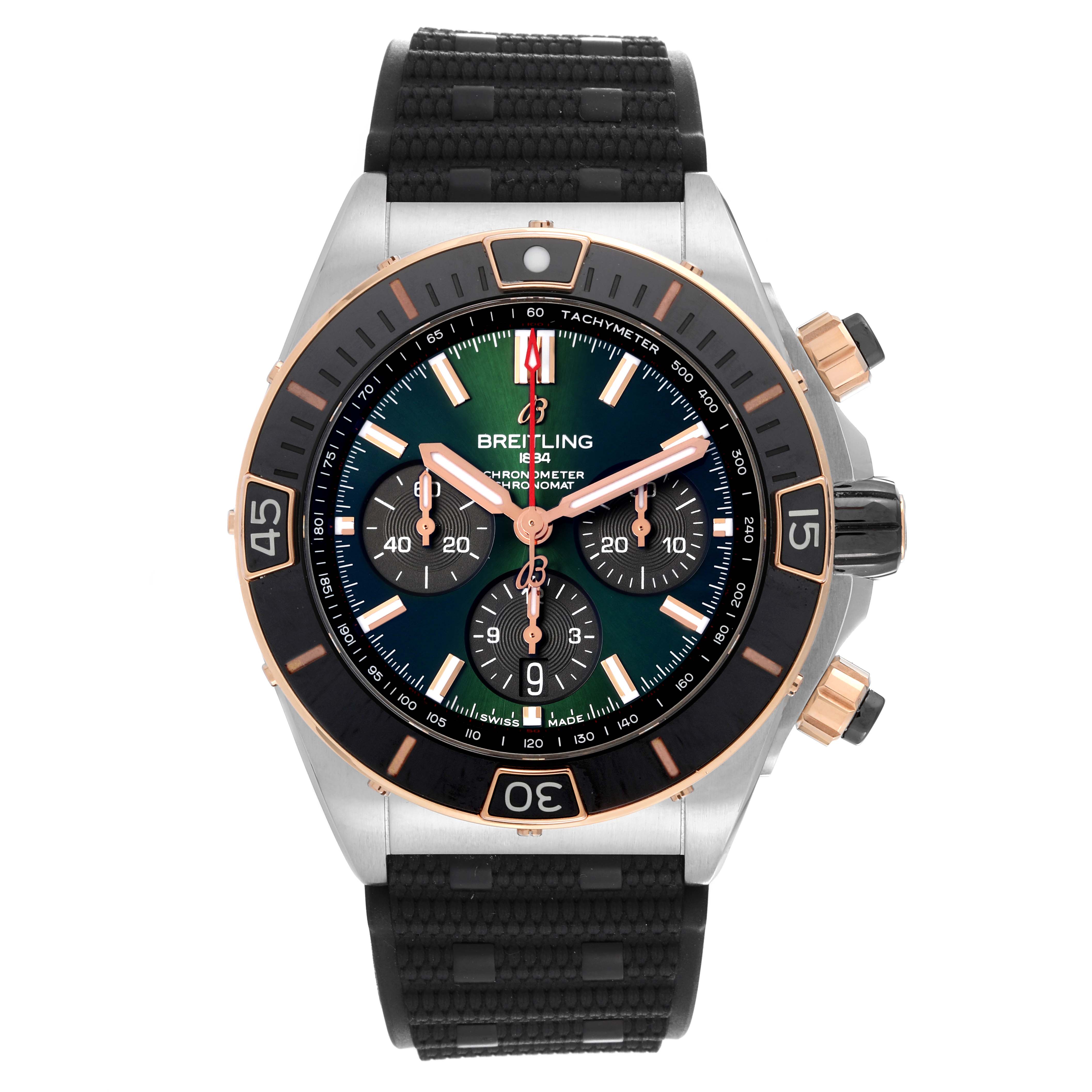 The Breitling Chronomat UB0136 Men's Stainless Steel Green Dial UB0136 Men's Stainless Steel Green Dial watch is shown from the front, highlighting the tachymeter, subdials, and strap.