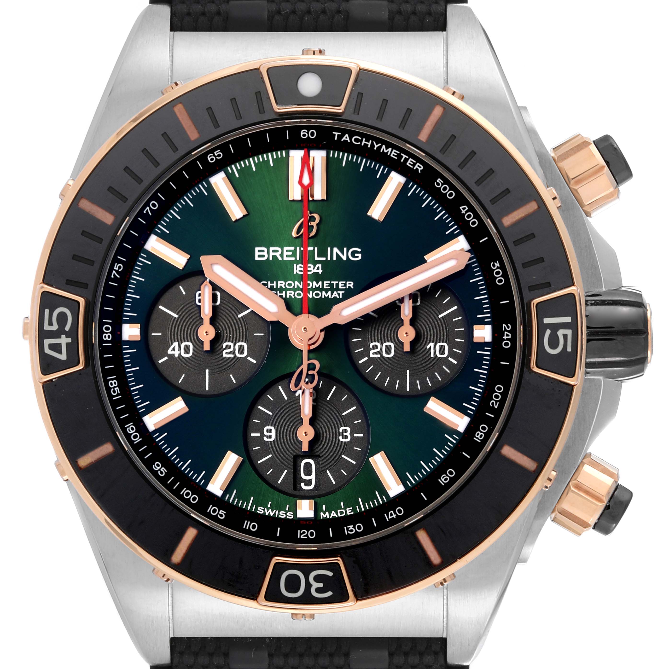 The Breitling Chronomat UB0136 Men's Stainless Steel Green Dial UB0136 Men's Stainless Steel Green Dial watch is shown front-facing, highlighting its bezel, face, and chronograph dials.