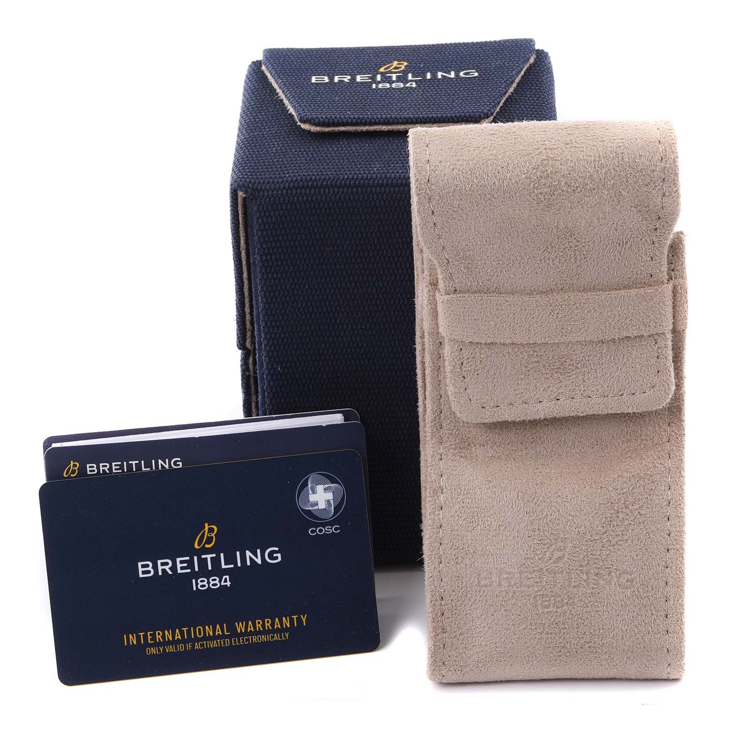 The image shows a Breitling Chronomat UB0136 Men's Stainless Steel Green Dial UB0136 Men's Stainless Steel Green Dial warranty card, a suede pouch, and a navy box from a front angle.