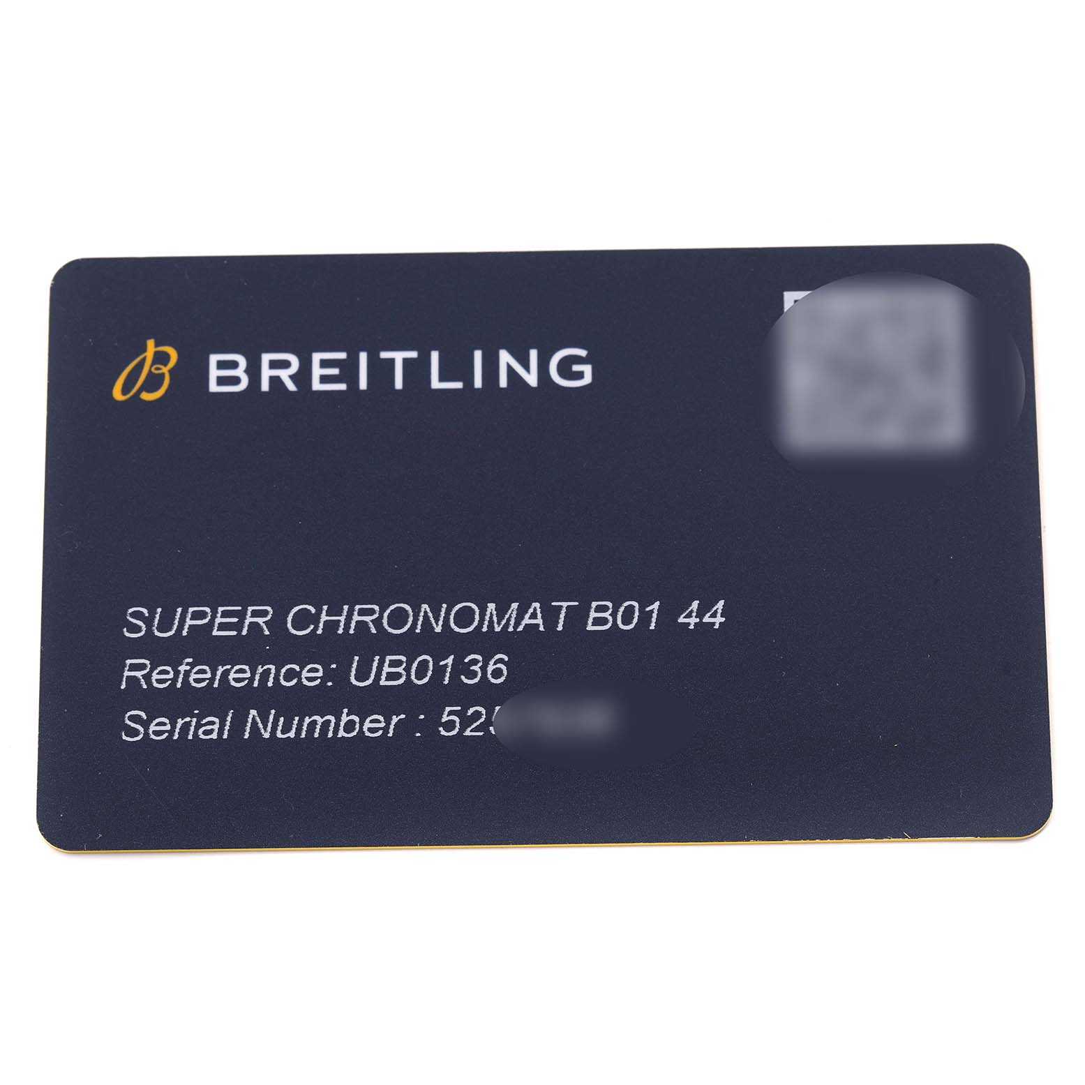 The image shows a warranty card for the Breitling Chronomat UB0136 Men's Stainless Steel Green Dial UB0136 Men's Stainless Steel Green Dial Super Chronomat B01 44, displaying reference and serial numbers.