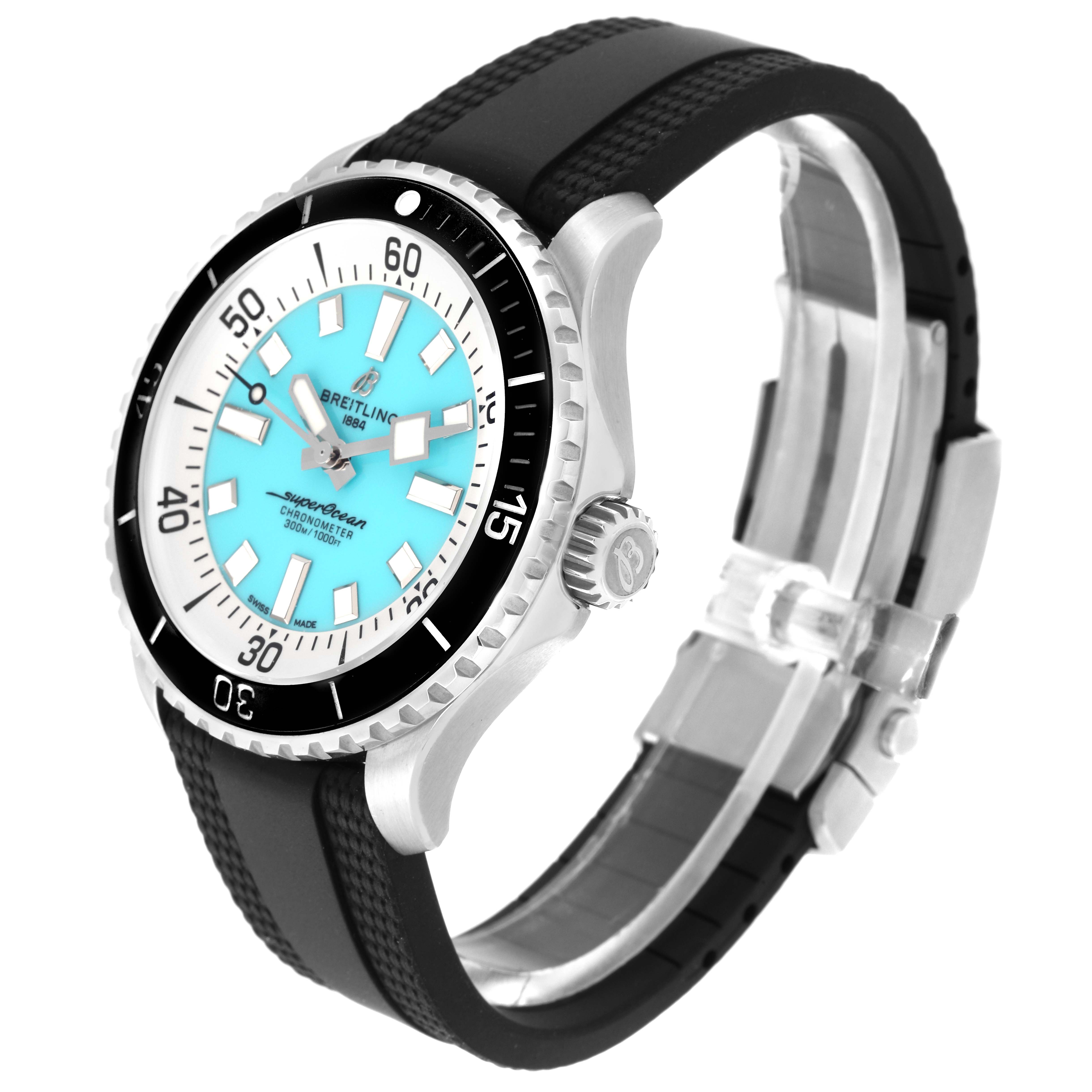 This Breitling Superocean A17376 Men's Stainless Steel Blue Dial A17376 Men's Stainless Steel Blue Dial model watch is shown at a slight angle, showcasing the face, bezel, crown, and strap.