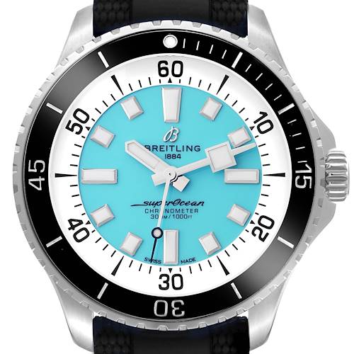 This Breitling Superocean watch is shown from a frontal angle, displaying the turquoise dial, bezel, and part of the strap.