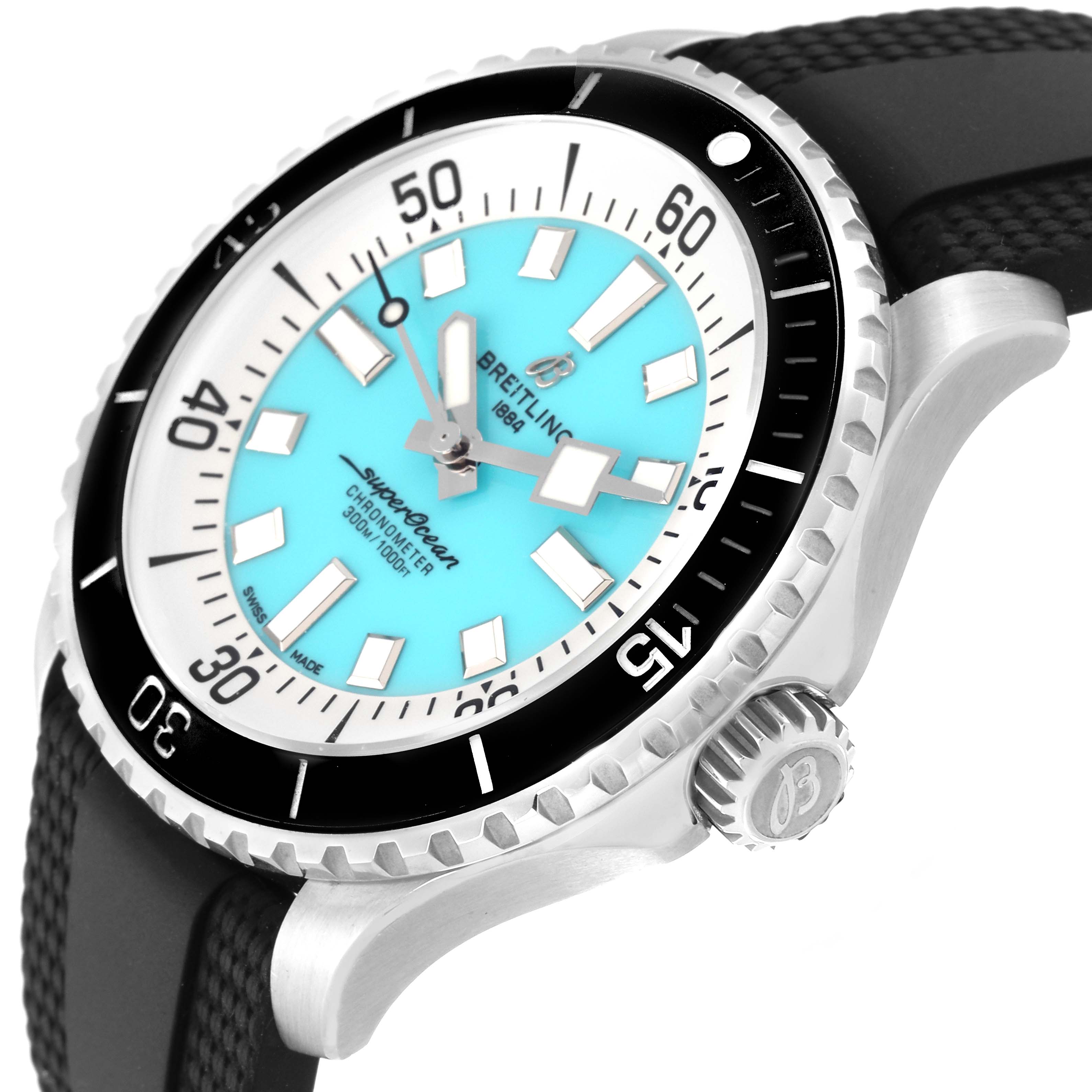 The Breitling Superocean A17376 Men's Stainless Steel Blue Dial A17376 Men's Stainless Steel Blue Dial watch is shown at an angle highlighting the face, bezel, crown, and part of the strap.