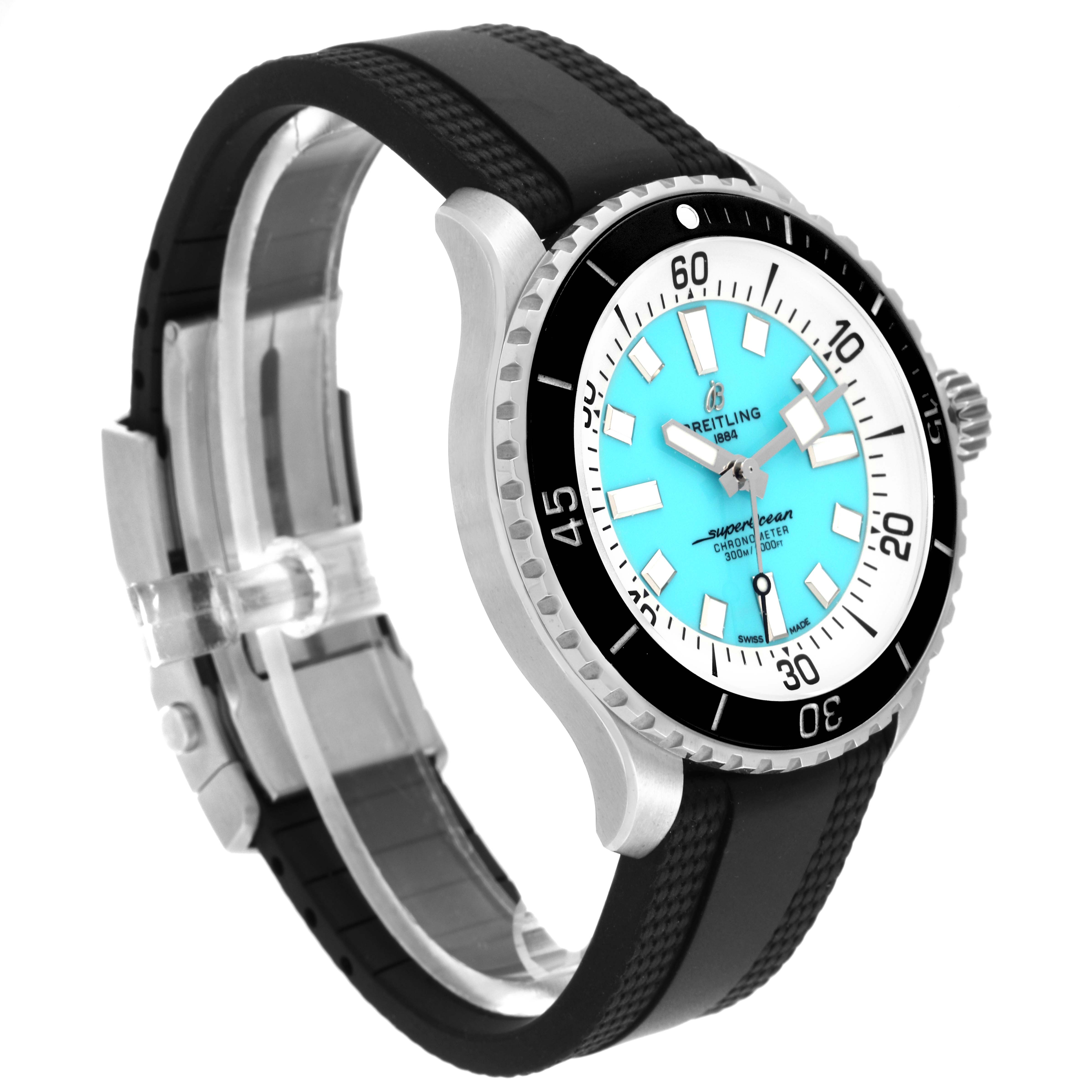 The Breitling Superocean A17376 Men's Stainless Steel Blue Dial A17376 Men's Stainless Steel Blue Dial watch is shown from a left-side angle highlighting its bezel, dial, and rubber strap.