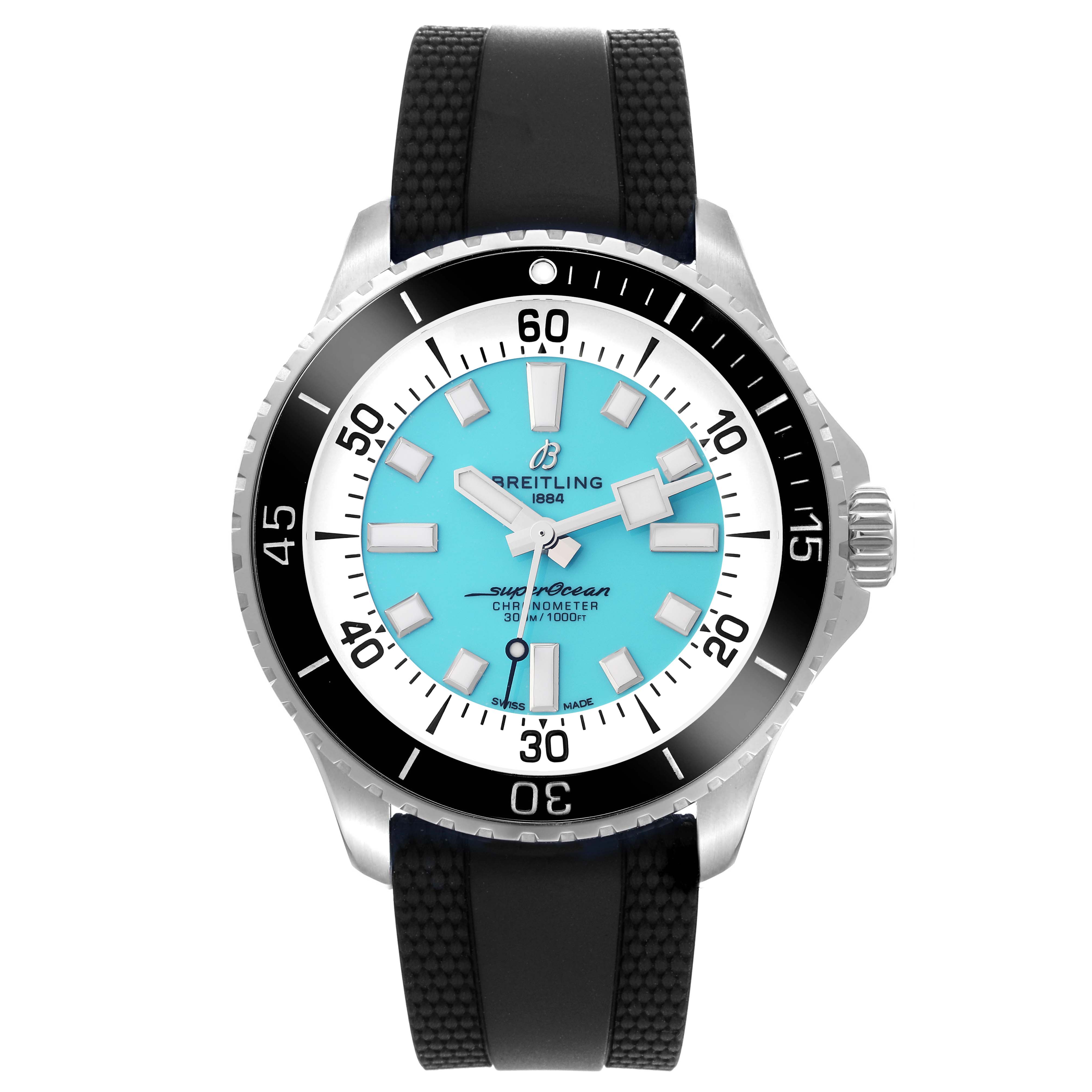 The Breitling Superocean A17376 Men's Stainless Steel Blue Dial A17376 Men's Stainless Steel Blue Dial watch is shown from the front, displaying its face, bezel, and strap.