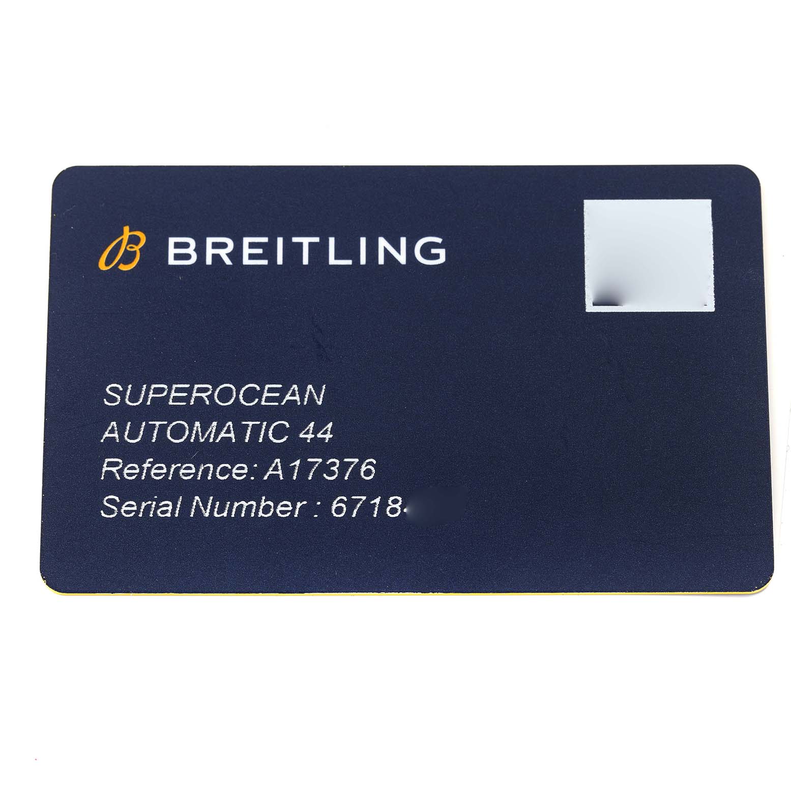 The image shows the identification card for the Breitling Superocean A17376 Men's Stainless Steel Blue Dial A17376 Men's Stainless Steel Blue Dial Automatic 44 watch, displaying the reference and serial numbers.