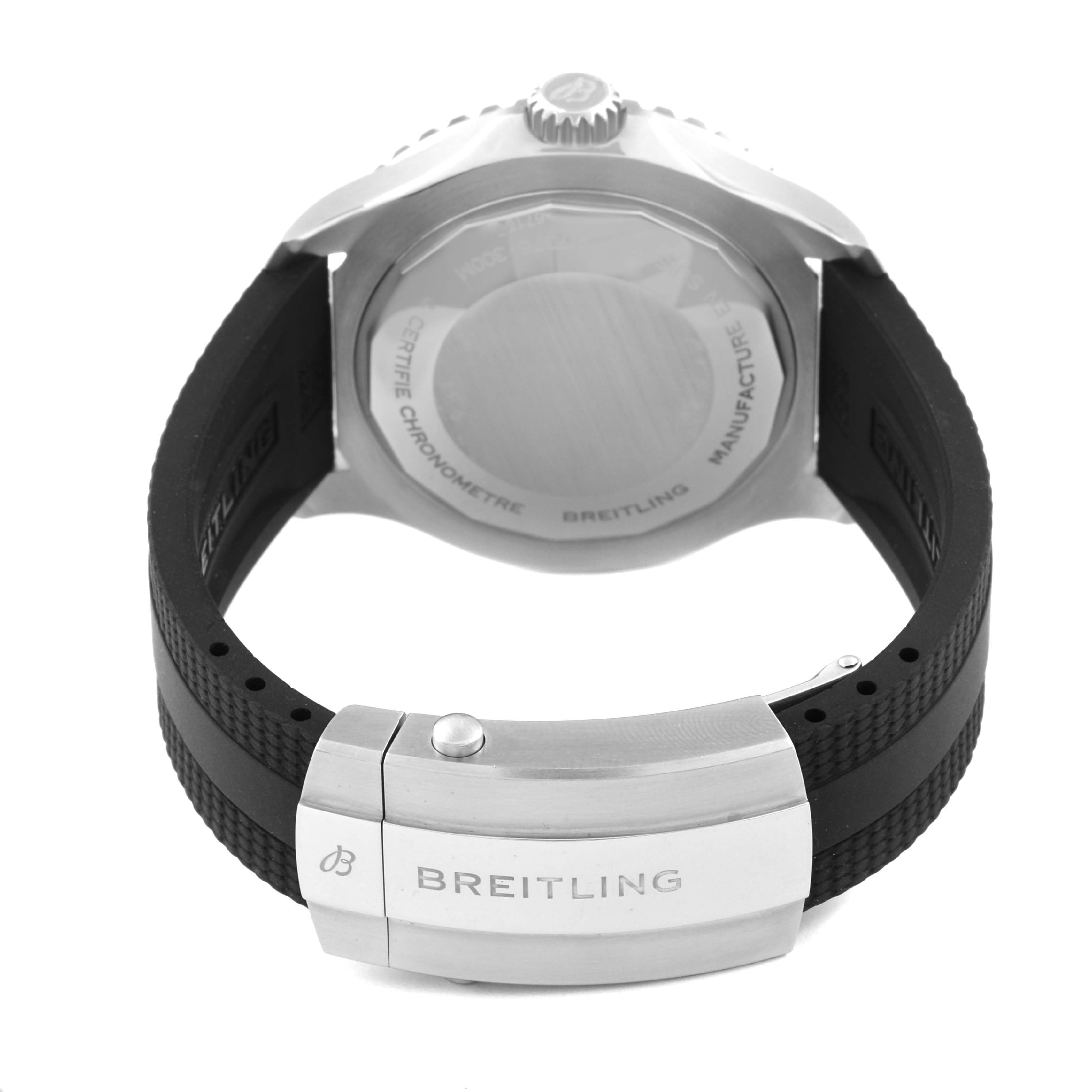 The image shows the back of a Breitling Superocean A17376 Men's Stainless Steel Blue Dial A17376 Men's Stainless Steel Blue Dial watch, including the case back, crown, and part of the rubber strap with a clasp.