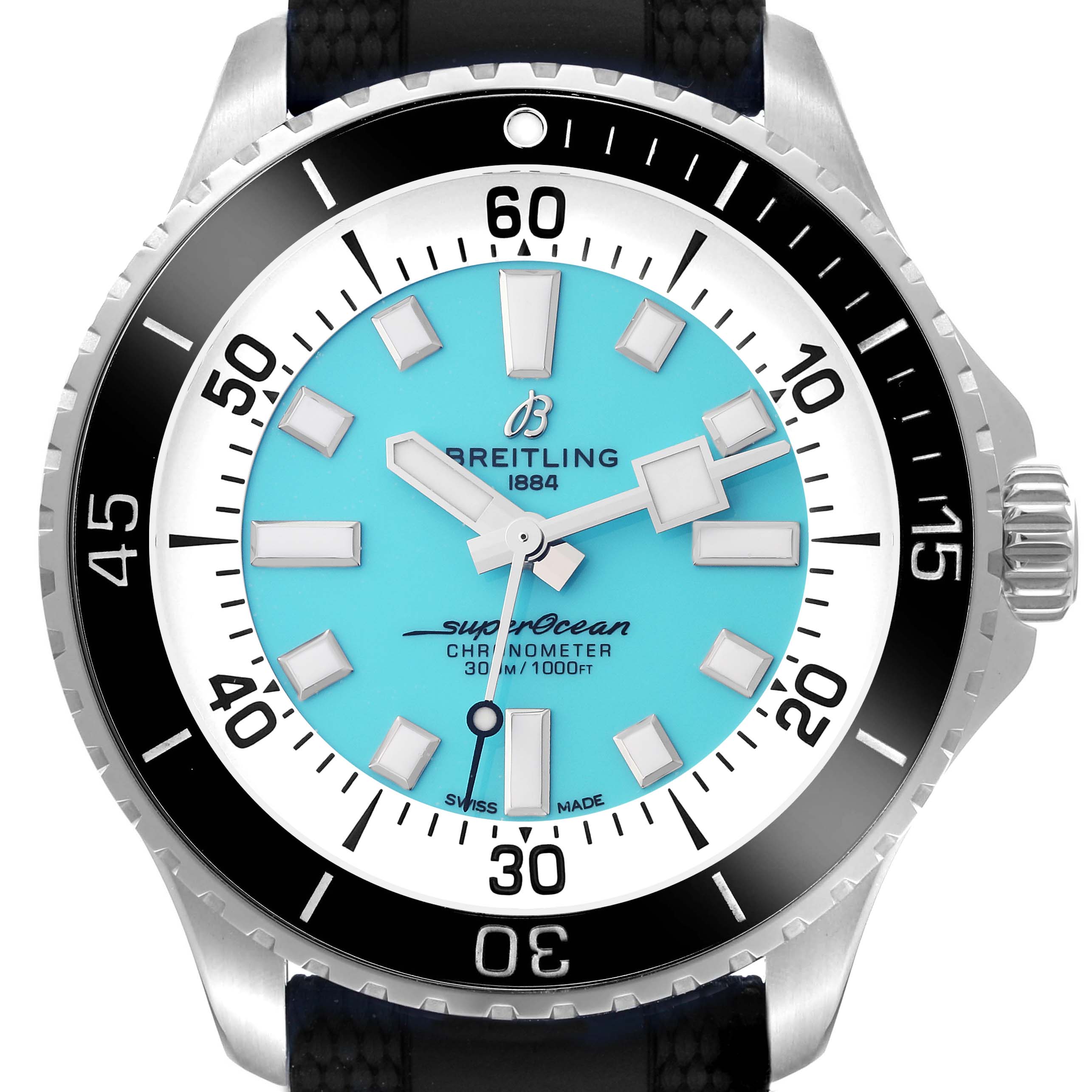 The image shows a frontal view of the Breitling Superocean A17376 Men's Stainless Steel Blue Dial A17376 Men's Stainless Steel Blue Dial watch, highlighting the bezel, crown, and turquoise dial.