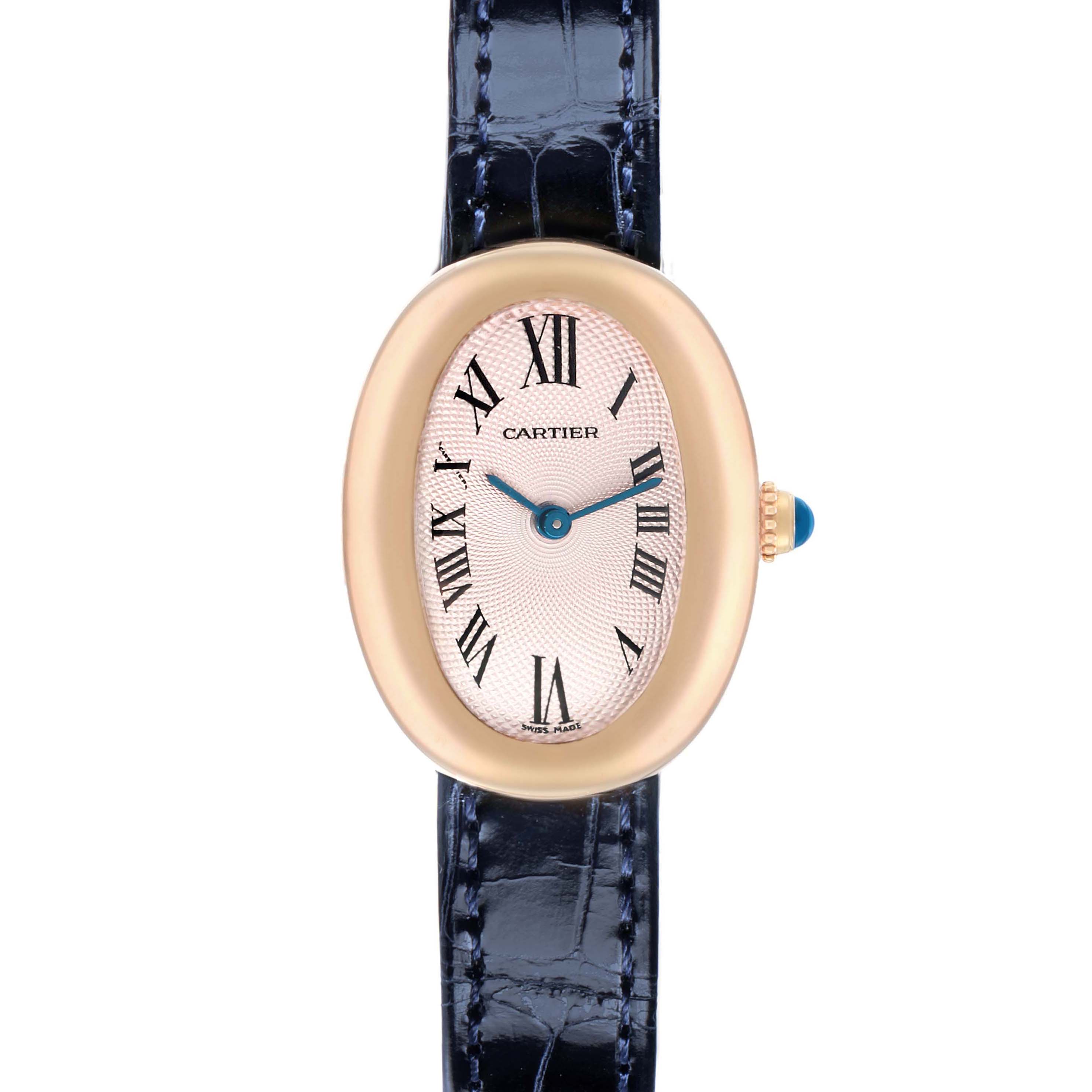 The Cartier Baignoire W1544956 Women
s Rose Gold Pink Dial watch is shown from a top view, highlighting its oval face, Roman numerals, and leather strap.