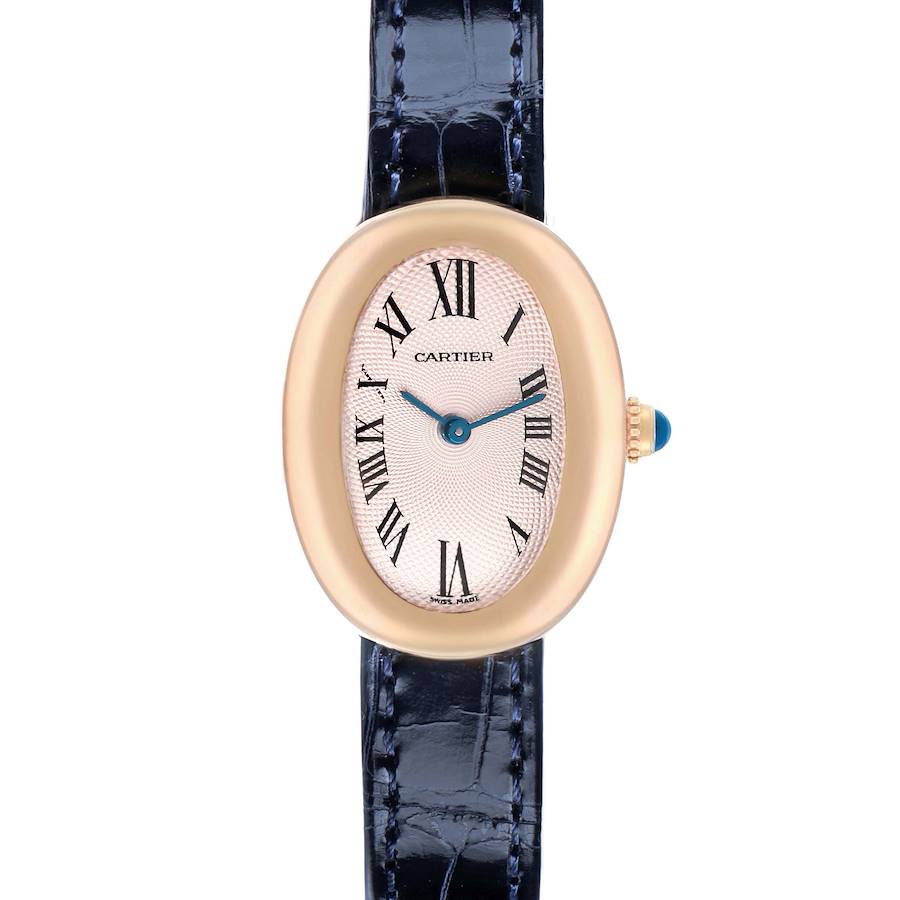 The Cartier Baignoire W1544956 Women
s Rose Gold Pink Dial watch is shown from a top view, highlighting its oval face, Roman numerals, and leather strap.