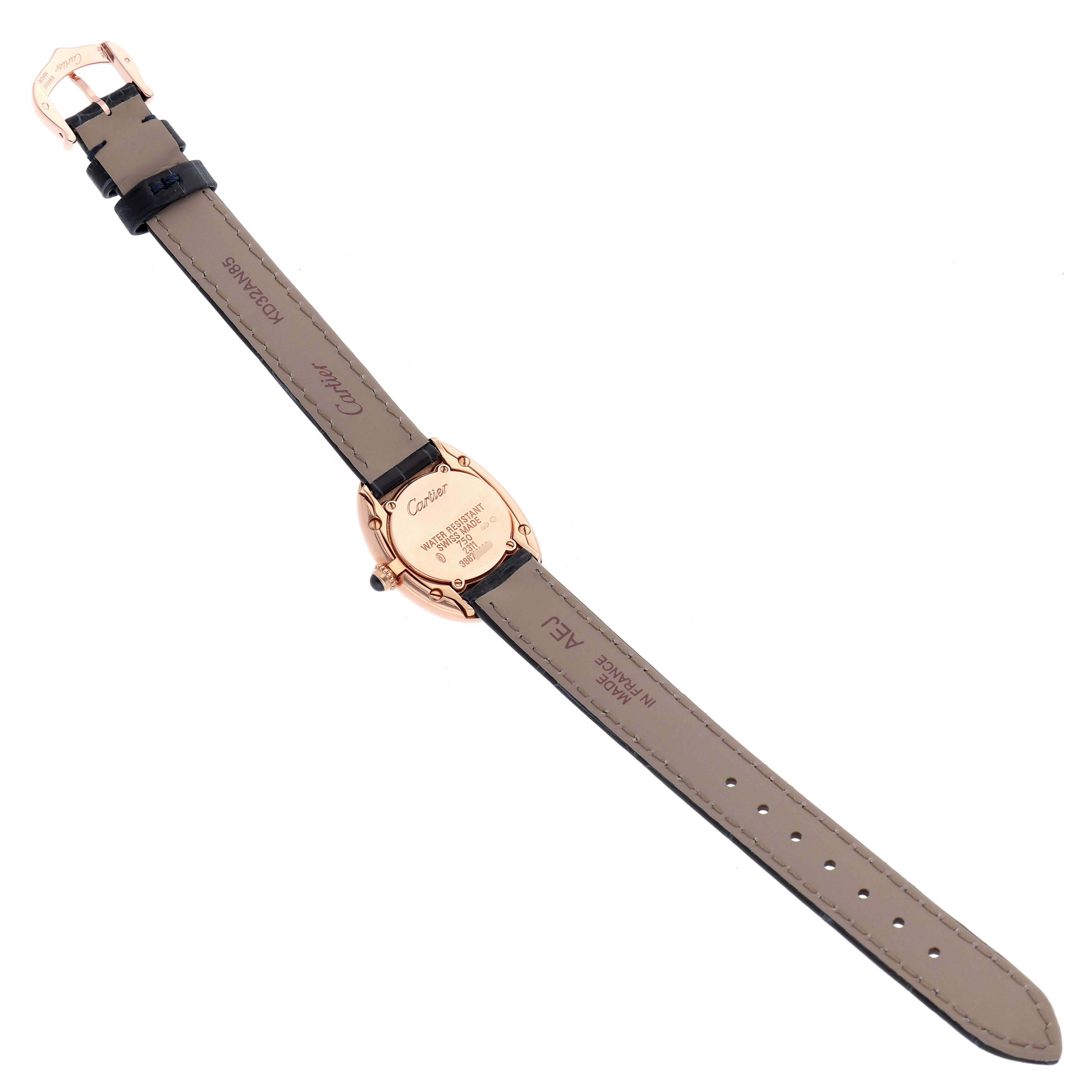 The Cartier Baignoire W1544956 Women
s Rose Gold Pink Dial watch is shown from the back, displaying the case back, strap, and buckle.