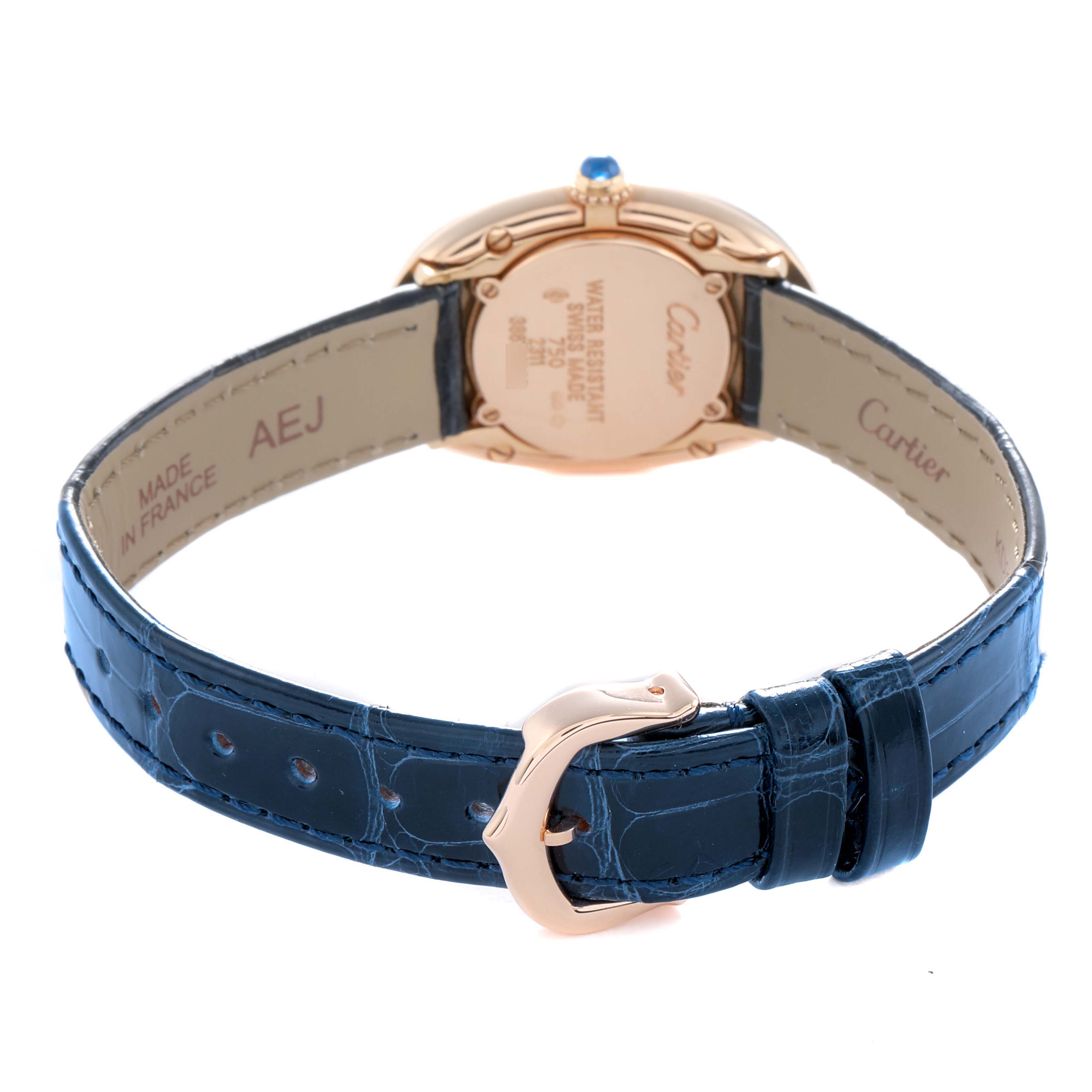 The image shows the back of the Cartier Baignoire W1544956 Women
s Rose Gold Pink Dial watch, highlighting the strap, buckle, and case back.