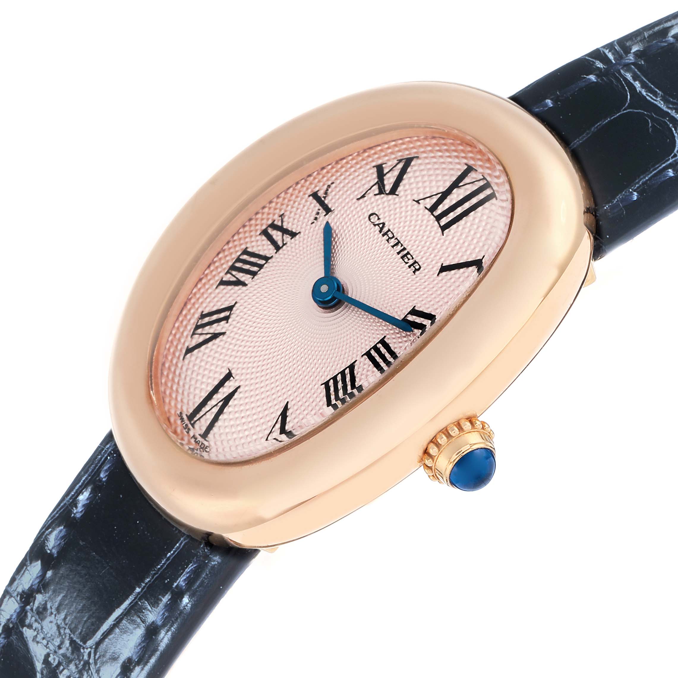 The image shows the Cartier Baignoire W1544956 Women
s Rose Gold Pink Dial watch at a slight angle, focusing on the face, case, crown, and part of the strap.