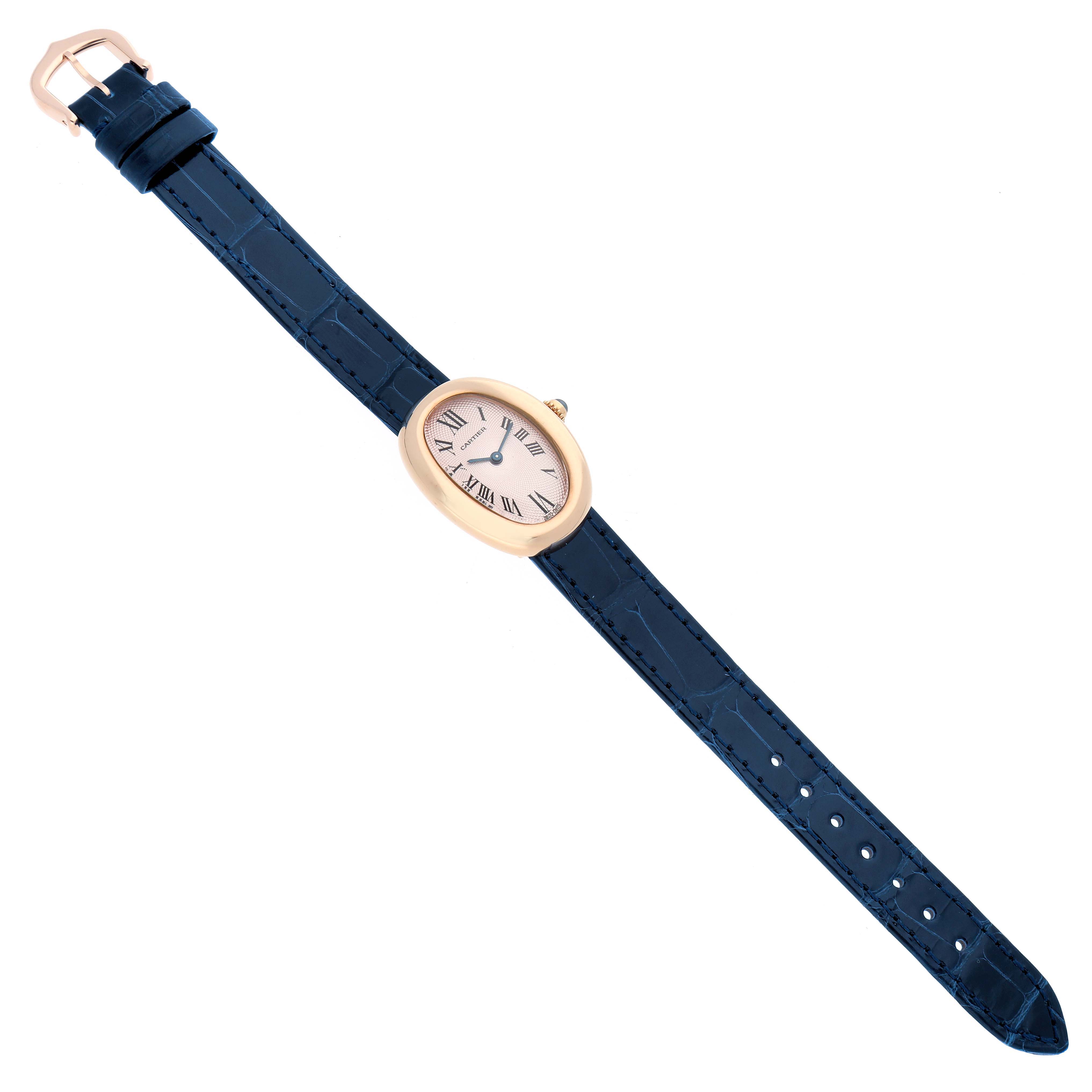 The Cartier Baignoire W1544956 Women
s Rose Gold Pink Dial watch is shown from a top view, displaying the face, blue strap, and buckle.