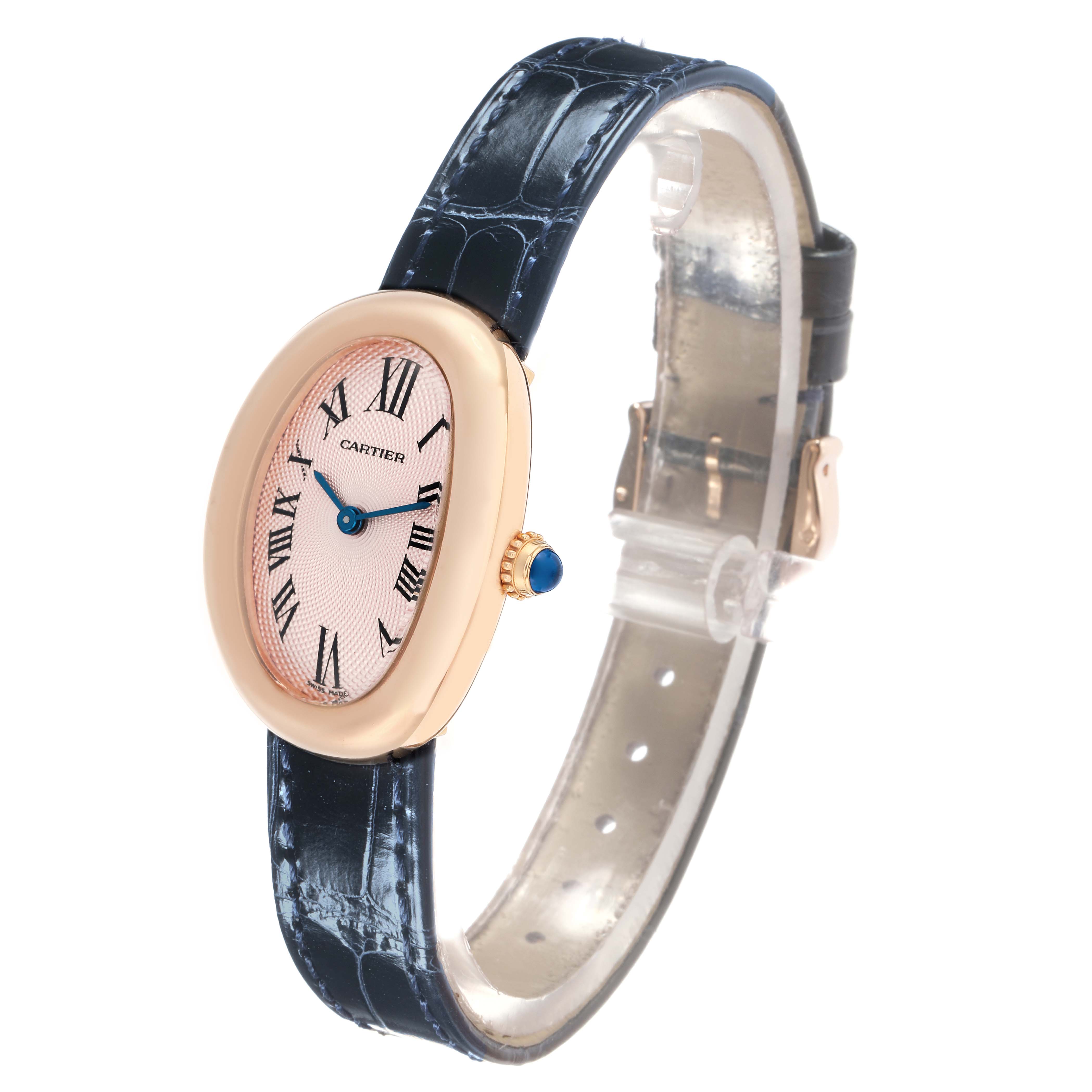 The Cartier Baignoire W1544956 Women
s Rose Gold Pink Dial watch is shown at a three-quarter angle, displaying its face, strap, and crown.