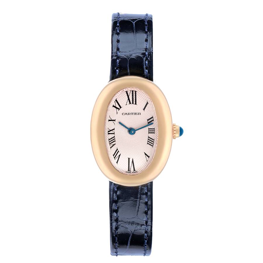The Cartier Baignoire W1544956 Women's Rose Gold Pink Dial watch is shown from a front angle, displaying the face, Roman numerals, and the strap.