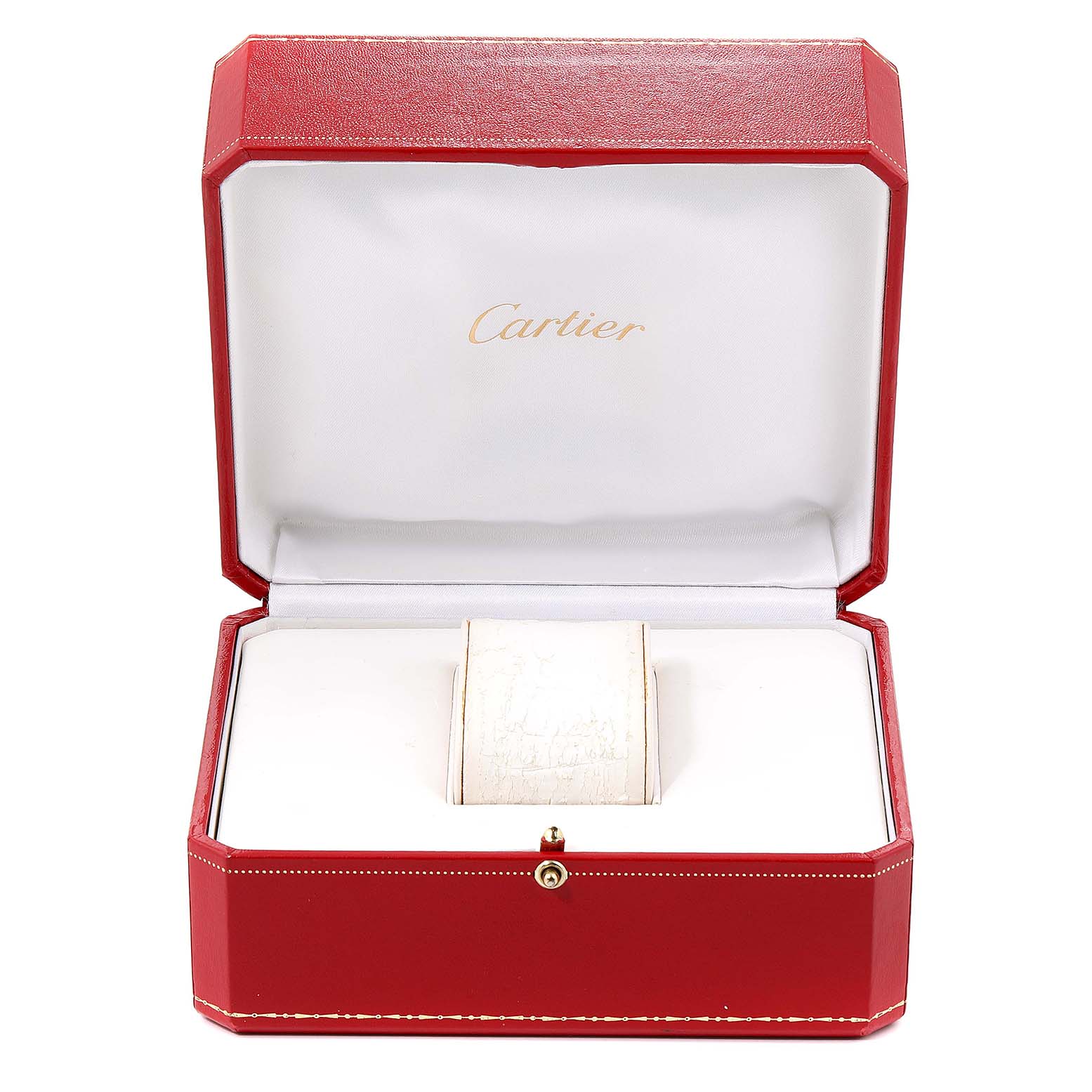 The image shows an open red Cartier box for the Panthere model, highlighting the interior and watch cushion.