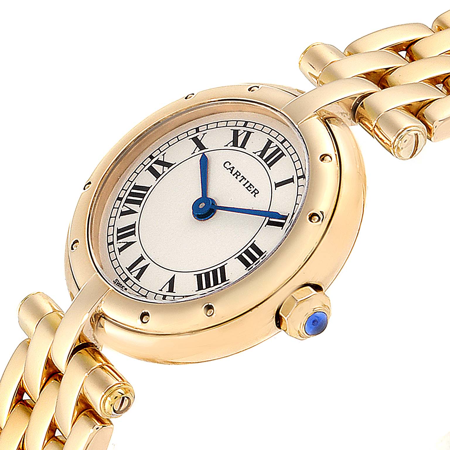 This image shows a close-up angle of the Cartier Panthere 8057921 Women's Yellow Gold Silver Dial 8057921 Women's Yellow Gold Silver Dial watch, featuring its gold case, Roman numeral dial, blue hands, and part of the bracelet.