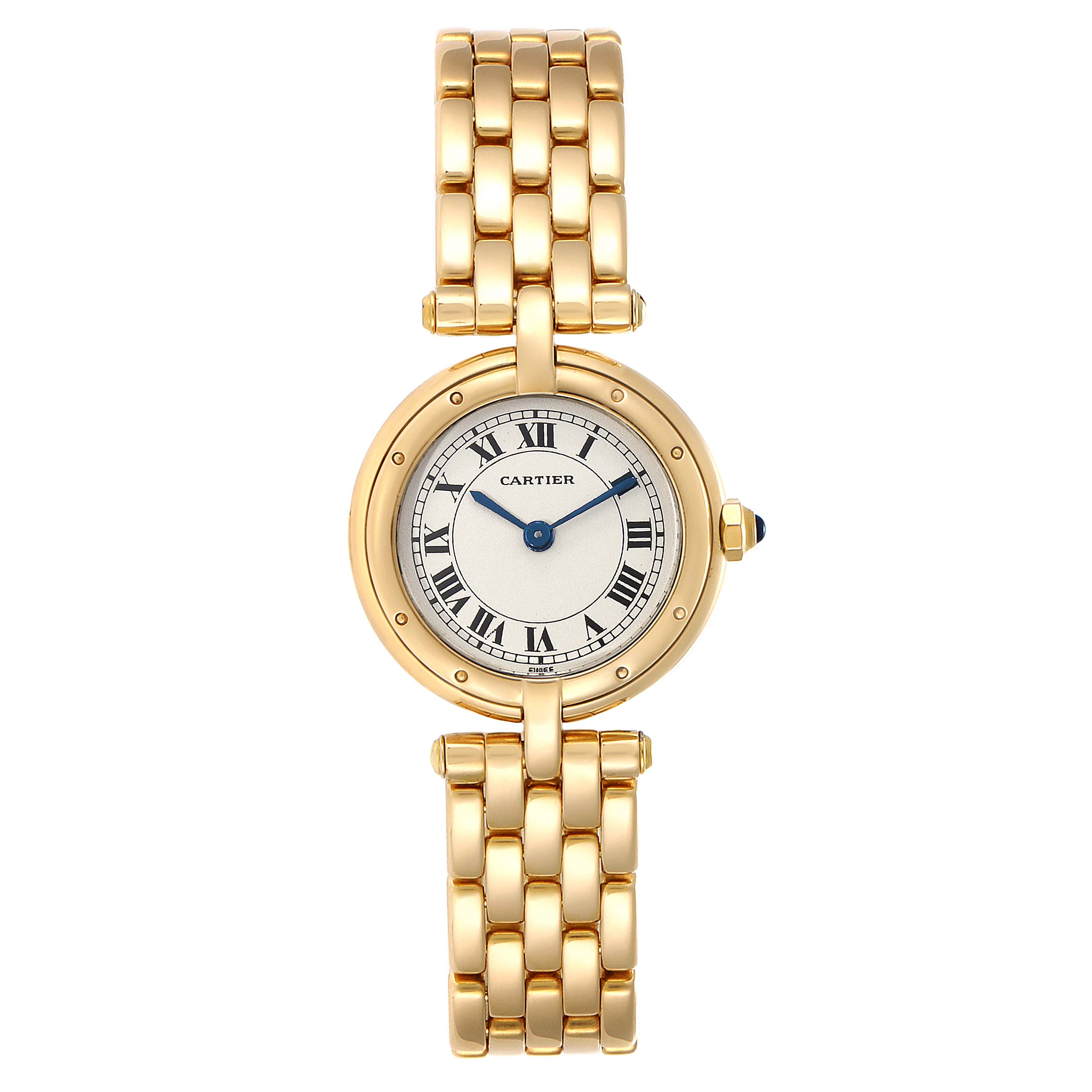 This is a straight-on view of the Cartier Panthere 8057921 Women's Yellow Gold Silver Dial 8057921 Women's Yellow Gold Silver Dial watch, showing the round gold case, Roman numeral dial, and bracelet.