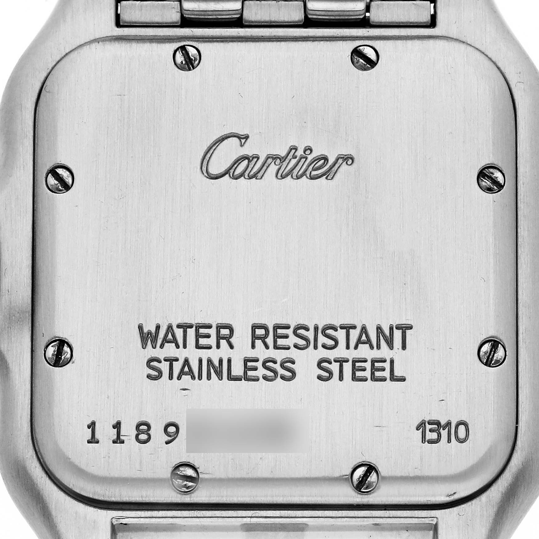 This image shows the back case and part of the bracelet of a Cartier Panthere W25054P5 Men's Stainless Steel Silver Dial W25054P5 Men's Stainless Steel Silver Dial model watch.