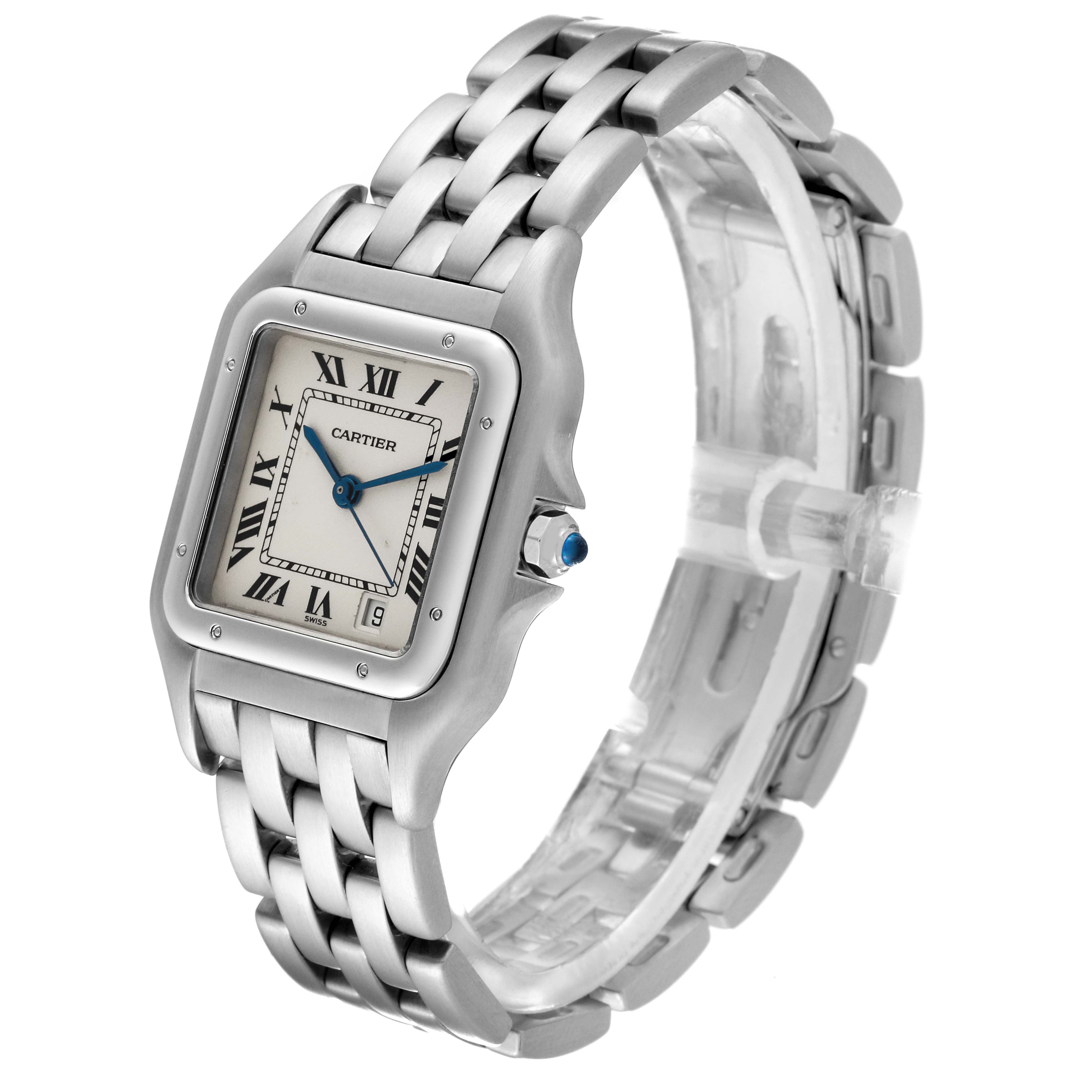 The image shows a Cartier Panthere W25054P5 Men's Stainless Steel Silver Dial W25054P5 Men's Stainless Steel Silver Dial watch at a slight side angle, highlighting its face, bracelet, and crown.