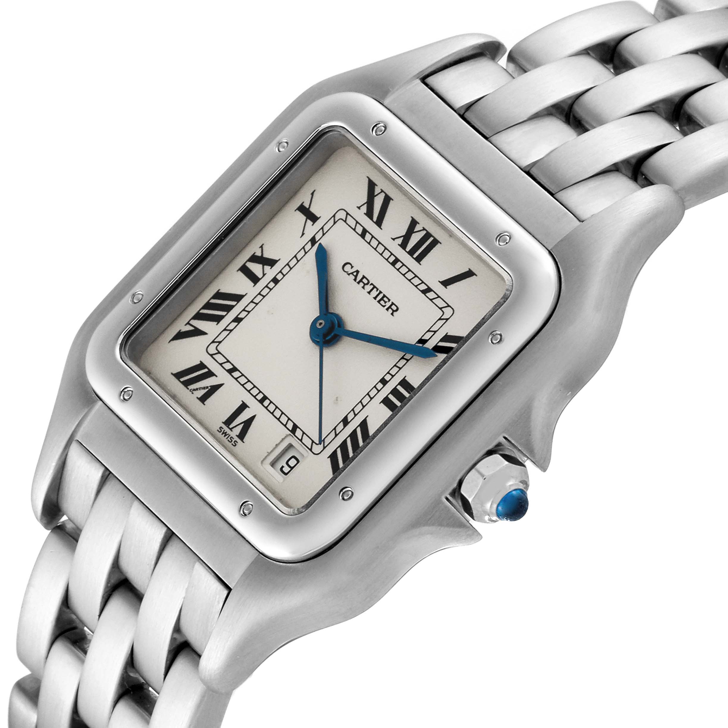This is a close-up image of the Cartier Panthere W25054P5 Men's Stainless Steel Silver Dial W25054P5 Men's Stainless Steel Silver Dial watch showing the face, bezel, crown, and part of the bracelet, viewed at an angle.