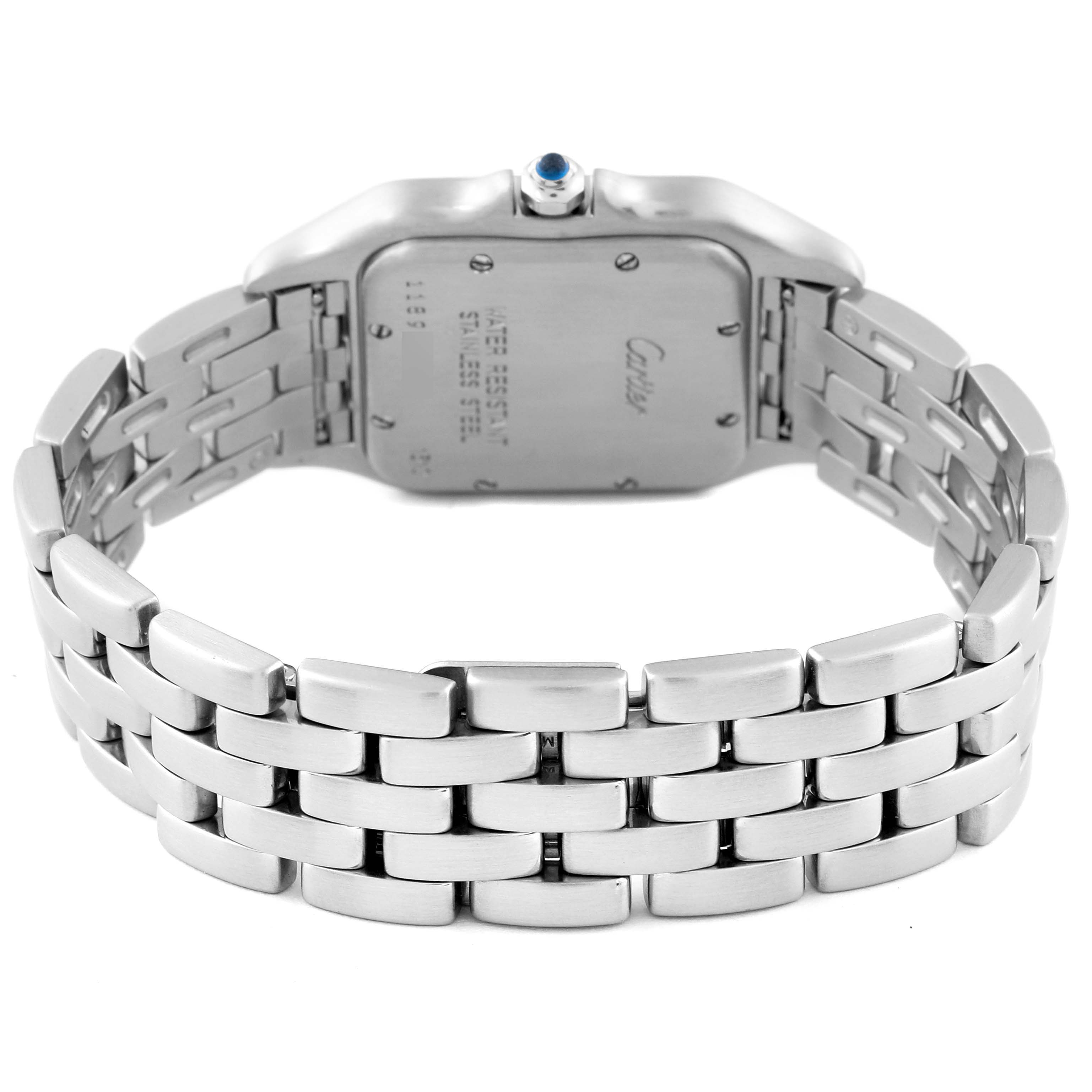 The Cartier Panthère watch is shown from the back, featuring the case back and stainless steel bracelet.