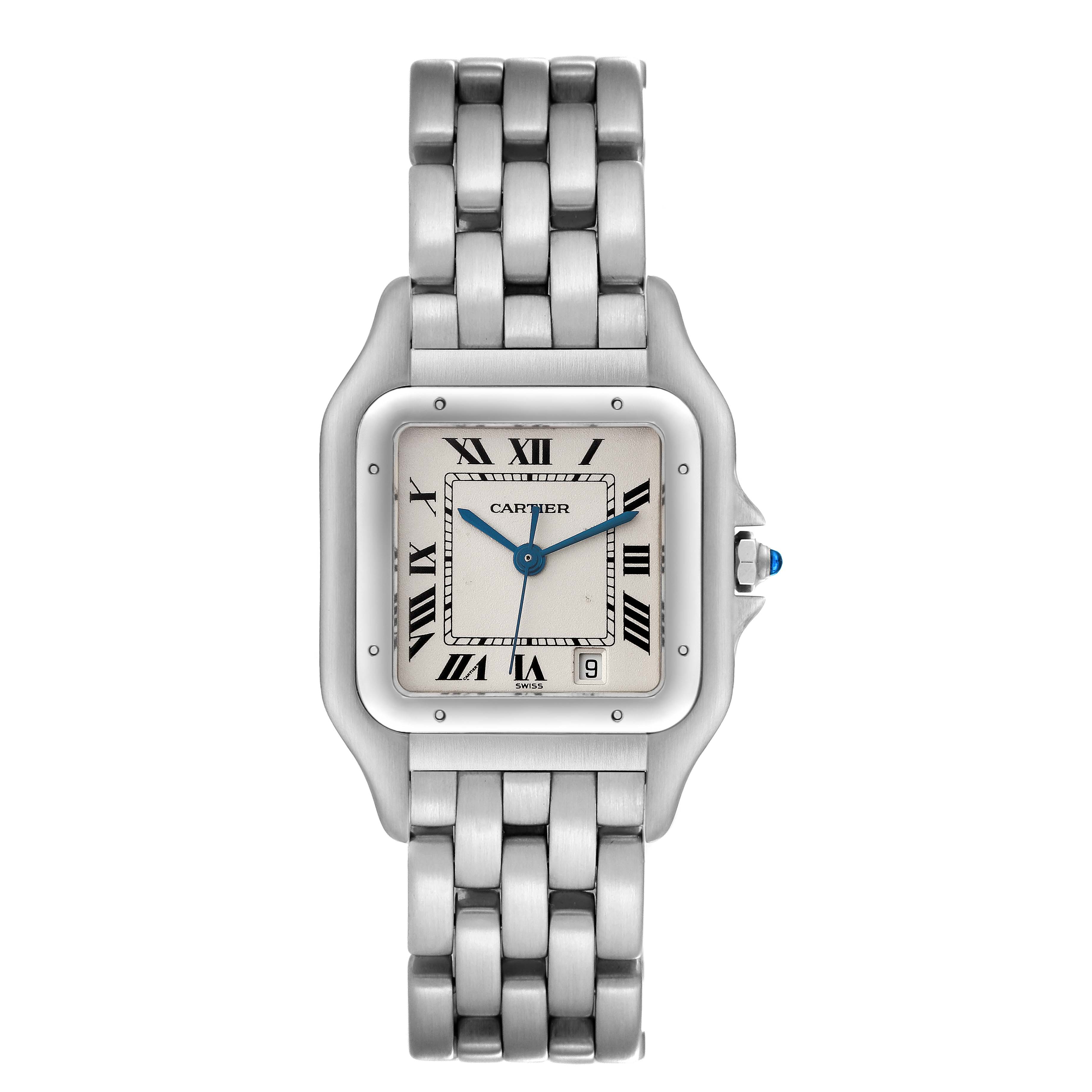 The image shows a front view of a Cartier Panthere W25054P5 Men's Stainless Steel Silver Dial W25054P5 Men's Stainless Steel Silver Dial watch, highlighting its face, hands, and stainless steel bracelet.