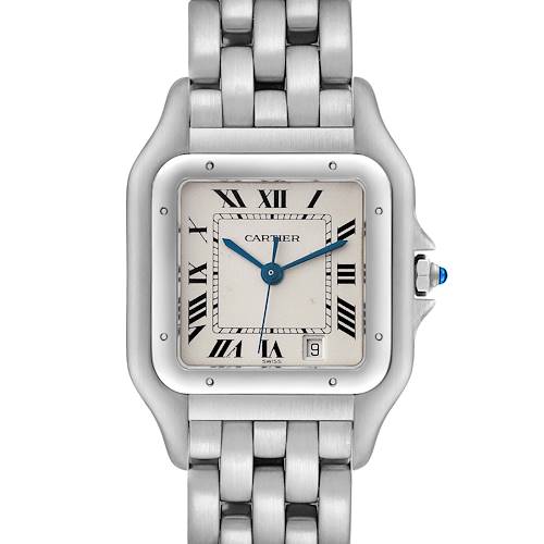 The Cartier Panthère watch is shown from a front angle, highlighting its face, bracelet, and crown.