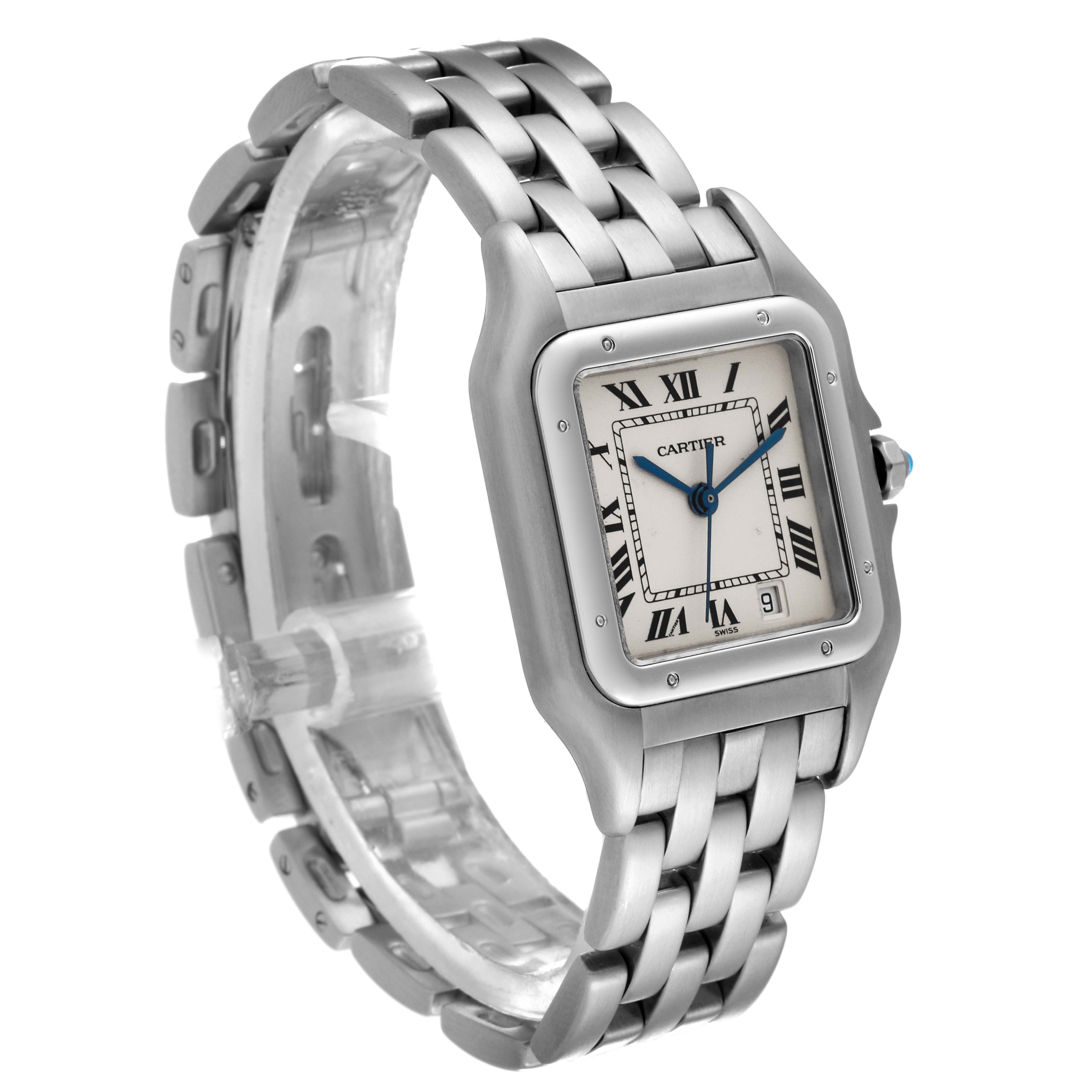The Cartier Panthere W25054P5 Men's Stainless Steel Silver Dial W25054P5 Men's Stainless Steel Silver Dial watch is shown at a three-quarter angle, highlighting the face, bezel, and metal bracelet.