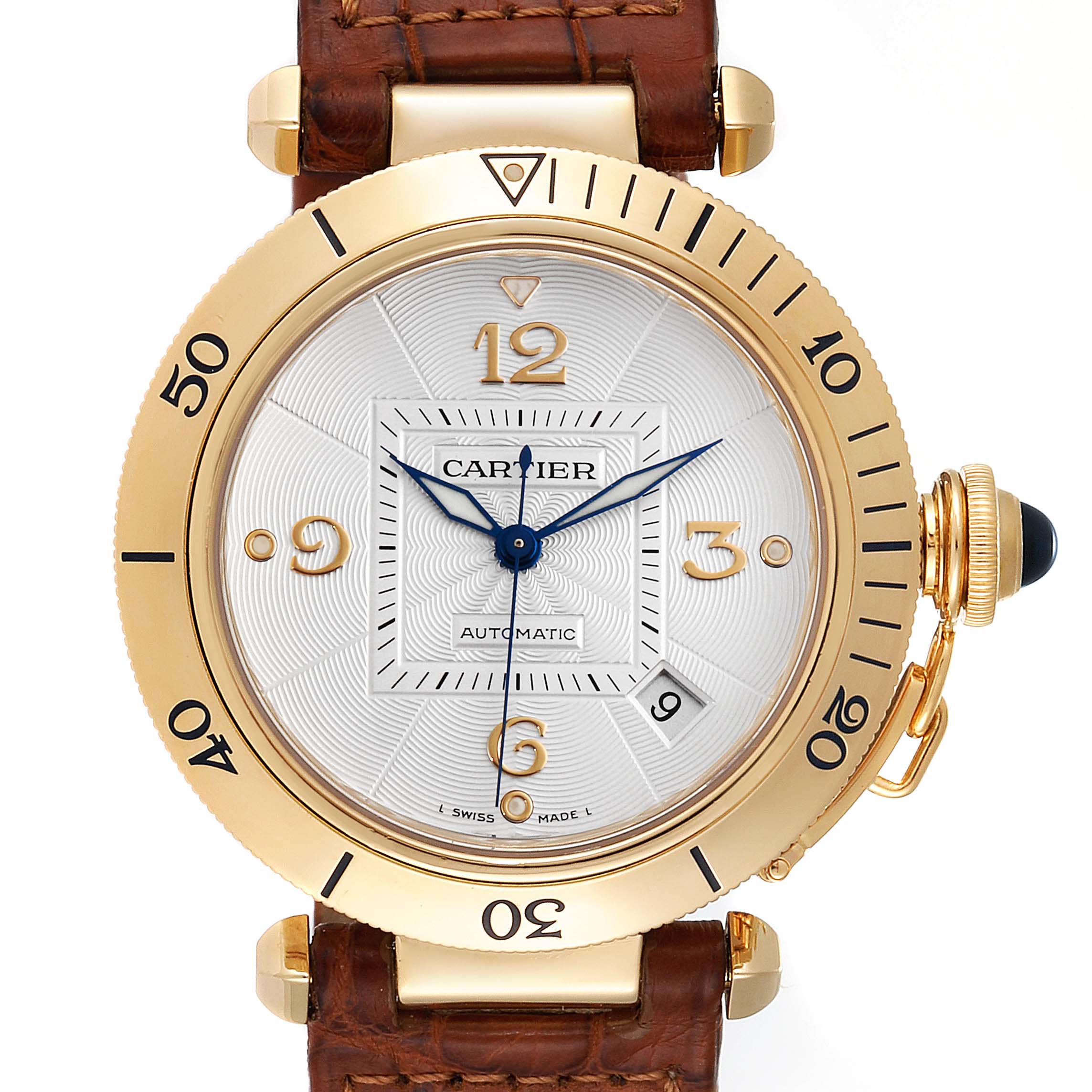 This image shows a front view of the Cartier Pasha W3004856 Men's Yellow Gold Silver Dial W3004856 Men's Yellow Gold Silver Dial watch, highlighting its dial, bezel, and leather strap.