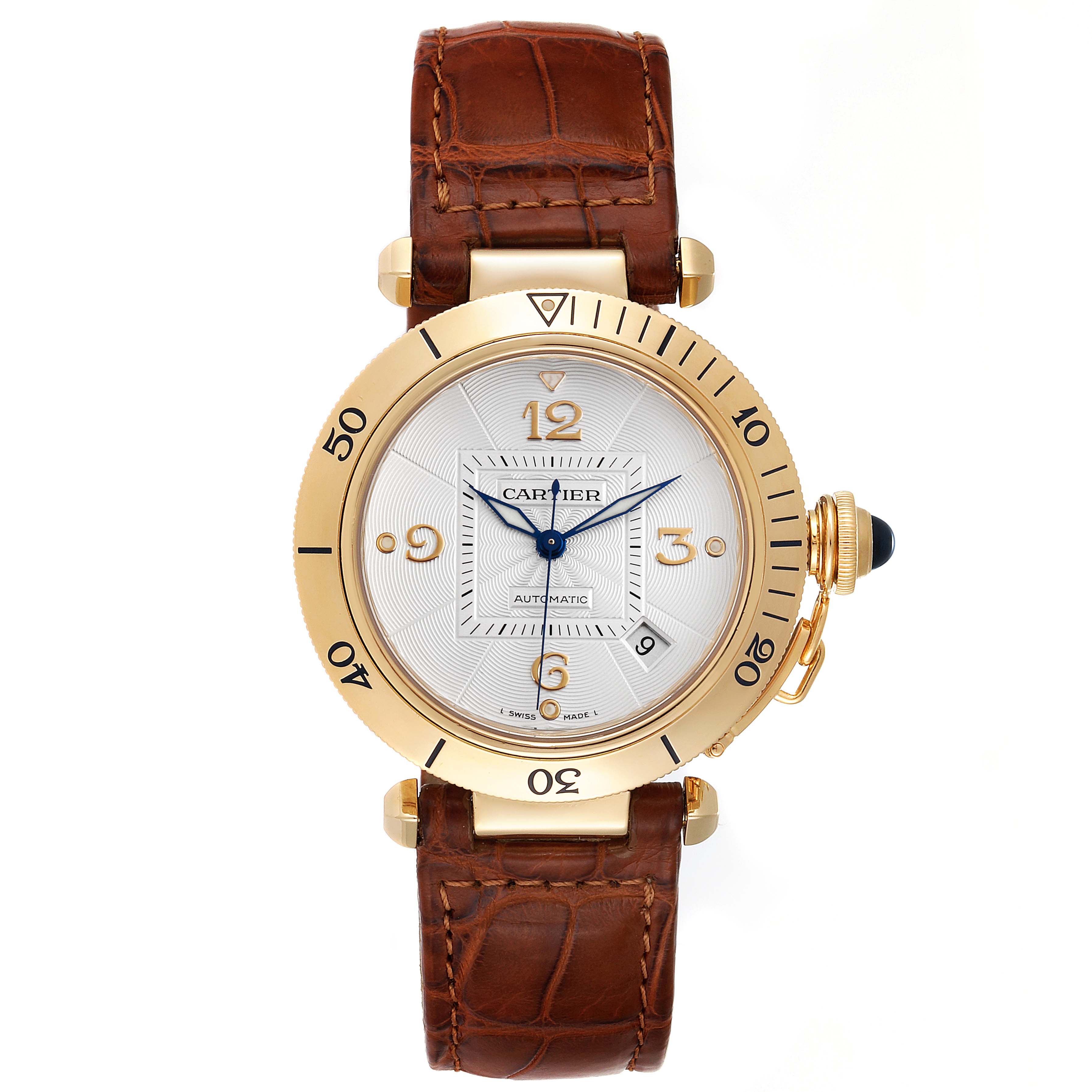 This image shows a front view of the Cartier Pasha W3004856 Men's Yellow Gold Silver Dial W3004856 Men's Yellow Gold Silver Dial watch, highlighting its gold bezel, brown leather strap, and blue hands.