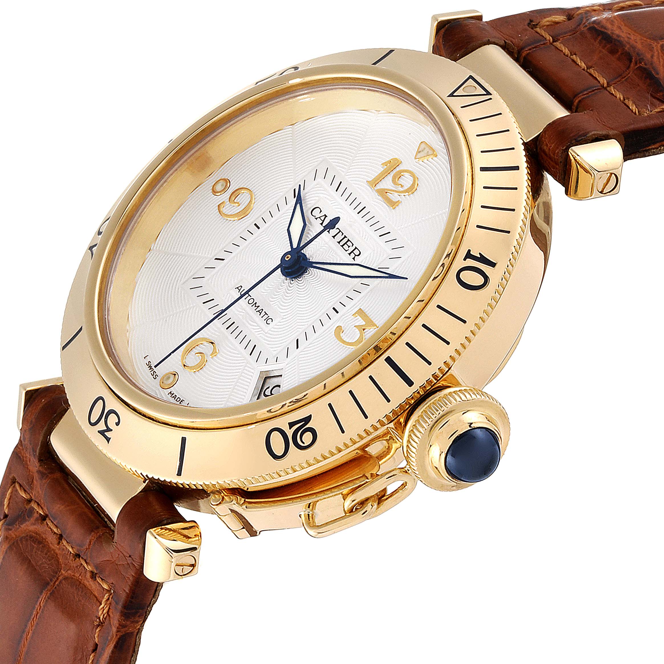 This image shows a close-up side view of the Cartier Pasha W3004856 Men's Yellow Gold Silver Dial W3004856 Men's Yellow Gold Silver Dial watch, highlighting the bezel, crown, and part of the strap.