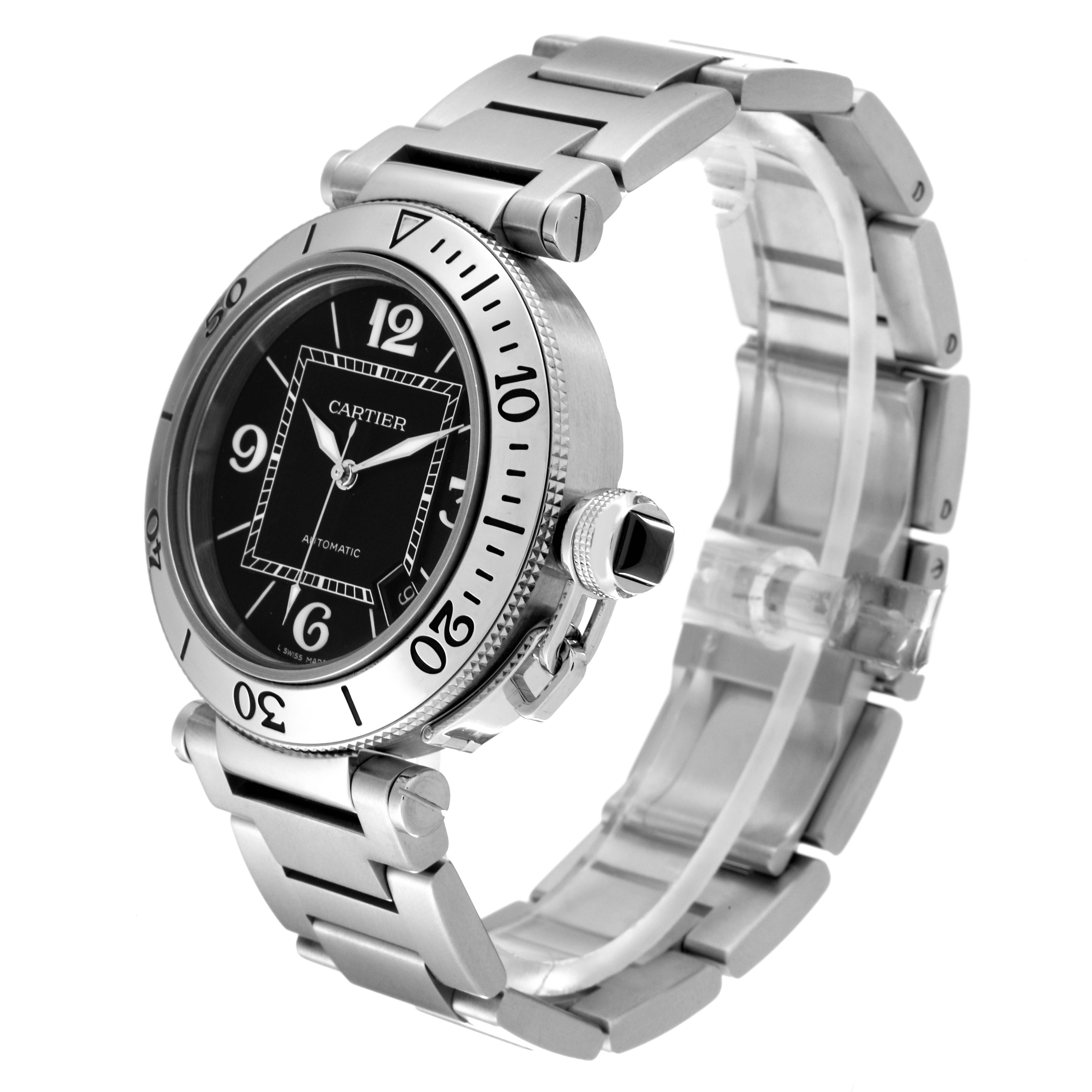 This image shows a Cartier Pasha W31077M7 Men
s Stainless Steel Black Dial W31077M7 Men
s Stainless Steel Black Dial watch at a three-quarter angle, highlighting the face, bezel, crown, and metal bracelet.