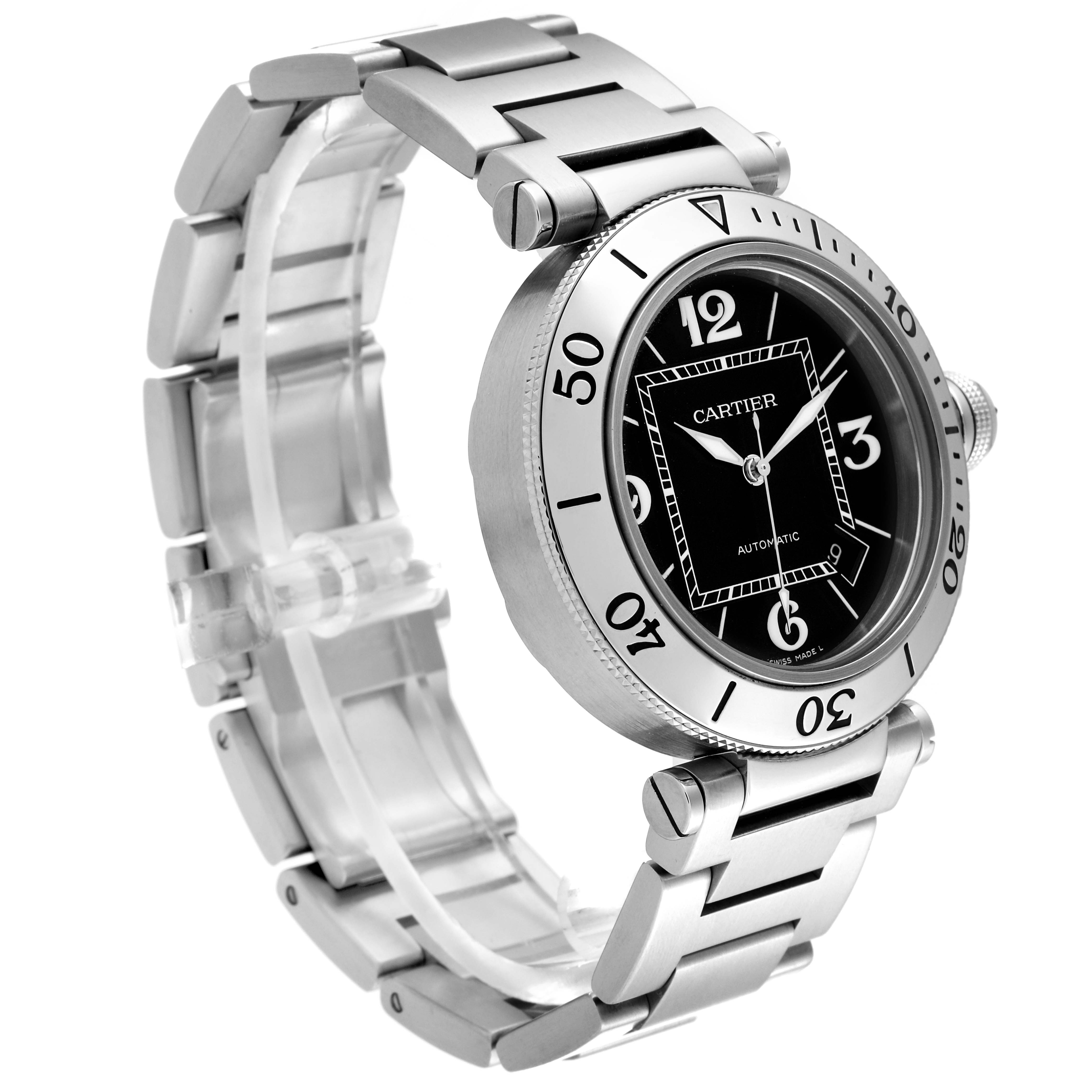 The Cartier Pasha W31077M7 Men
s Stainless Steel Black Dial W31077M7 Men
s Stainless Steel Black Dial watch is shown at an angled view, highlighting its face, bezel, and metal bracelet.